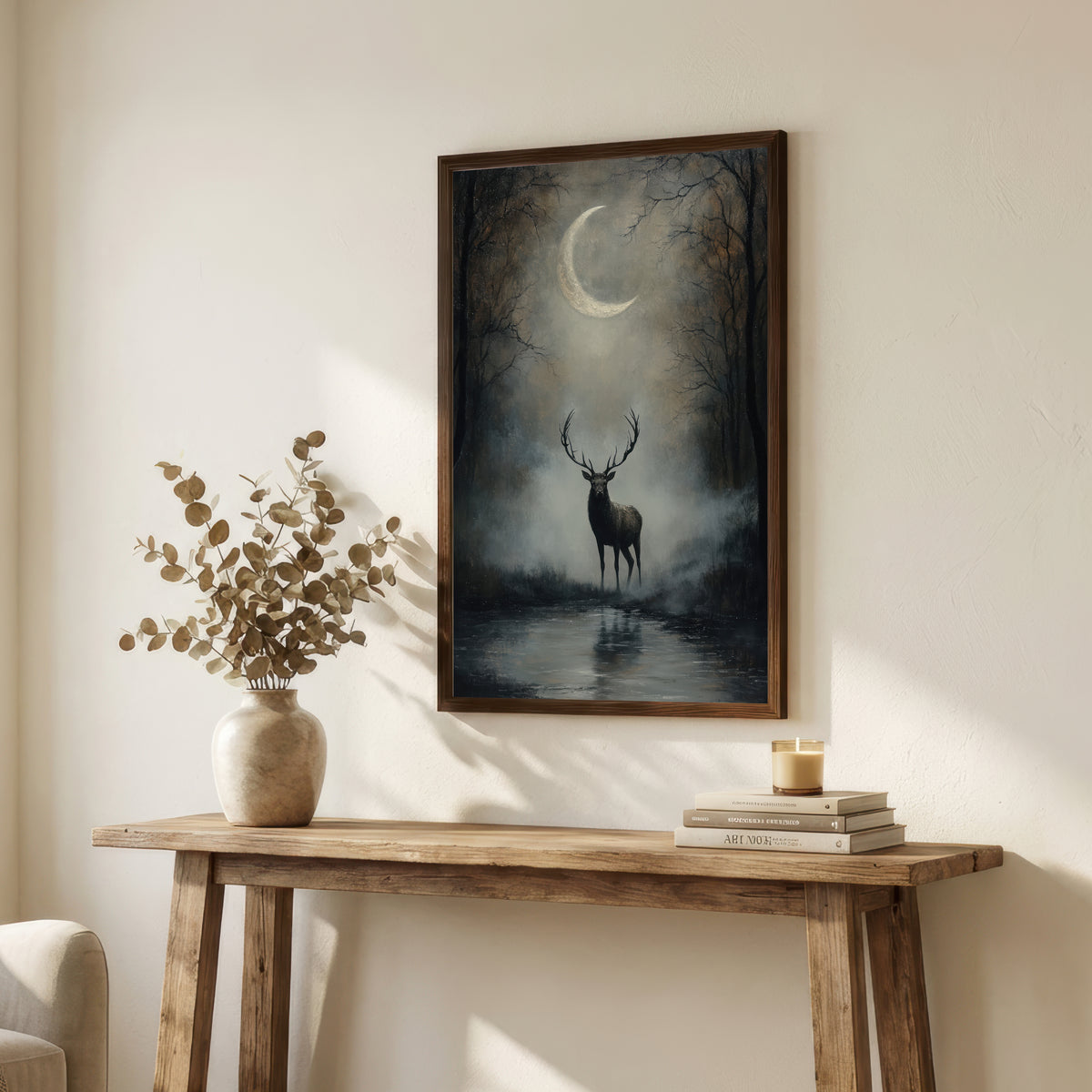 Moonlit Stag Dark Forest Art Print