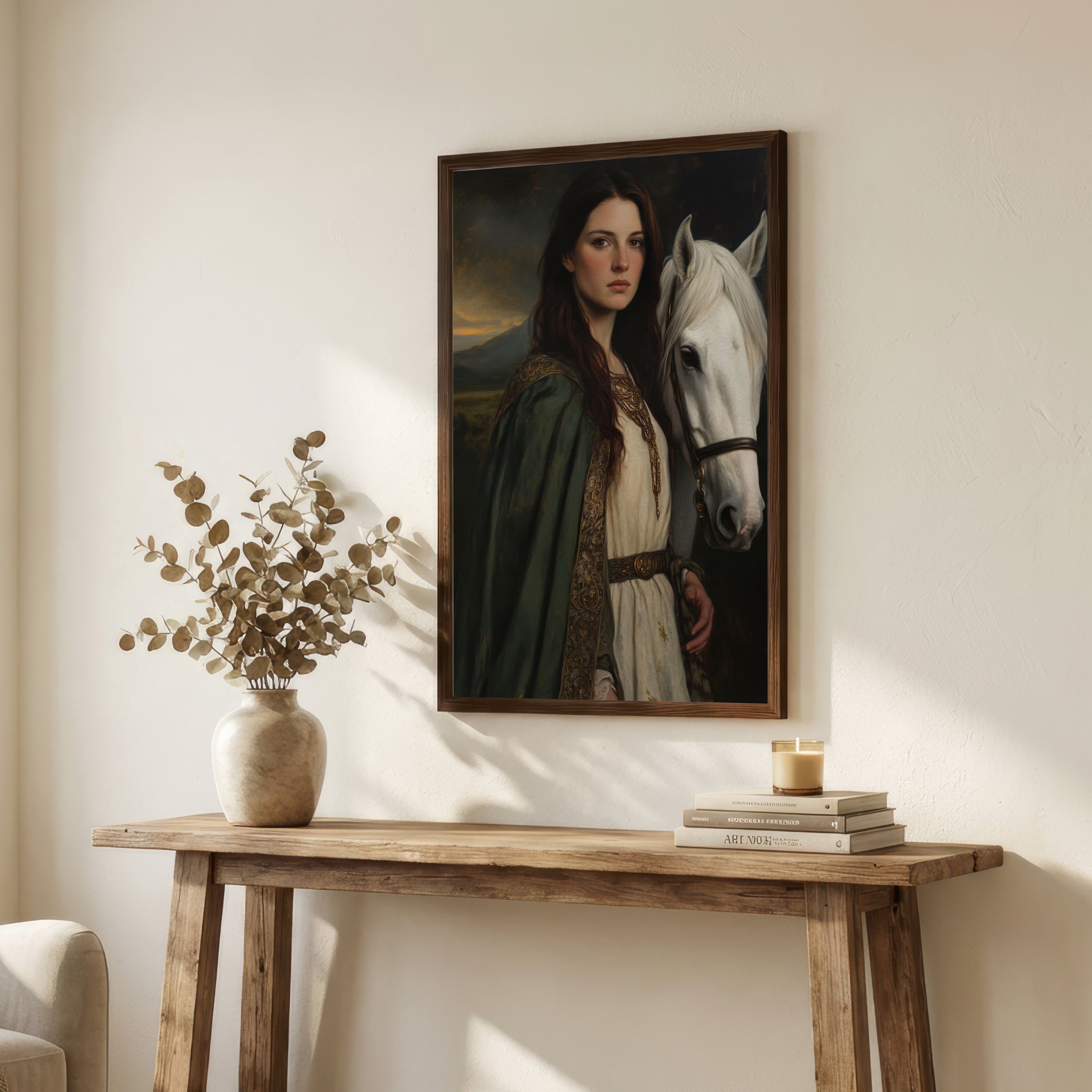 Medieval Woman and White Horse Art Print
