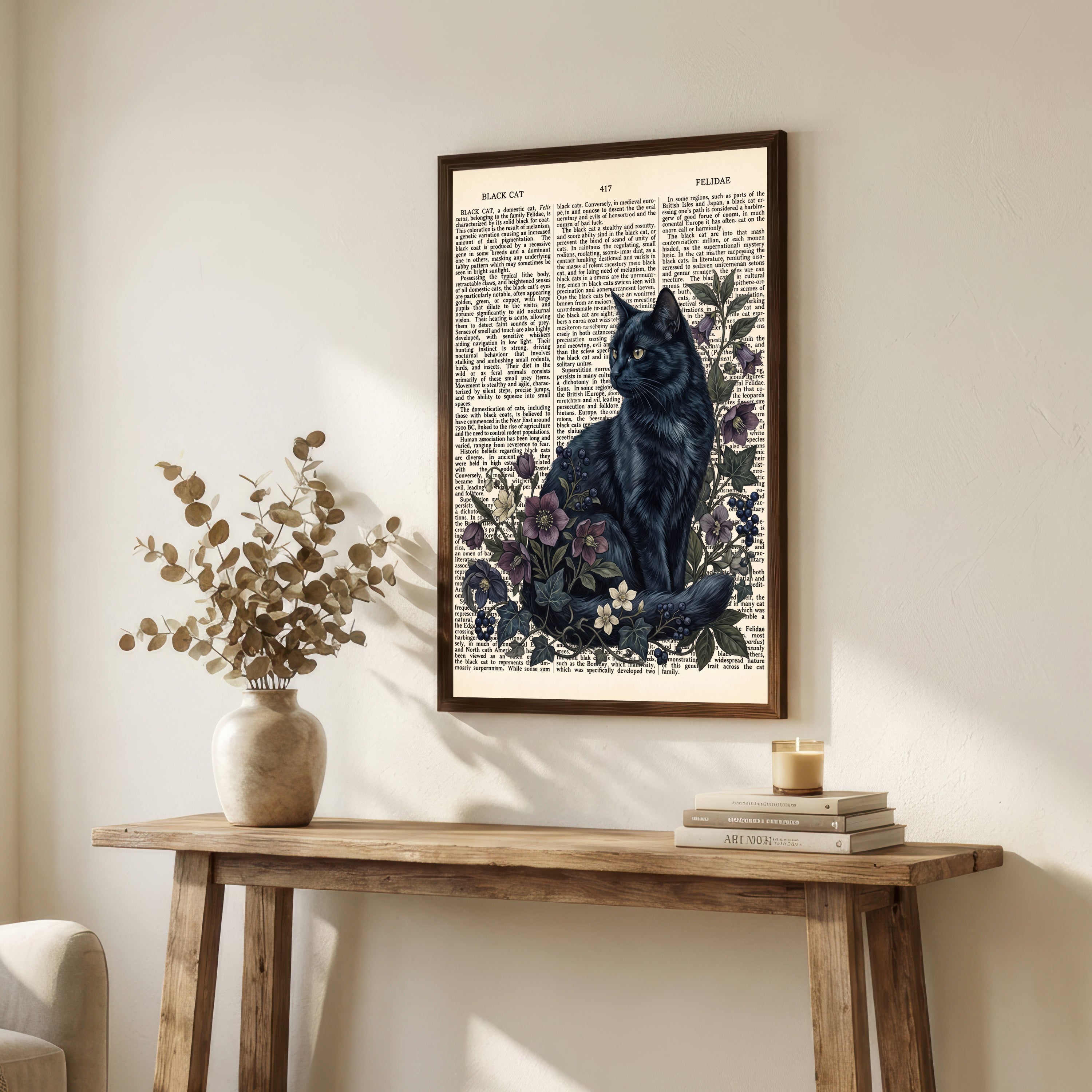 Vintage Black Cat Botanical Art Print