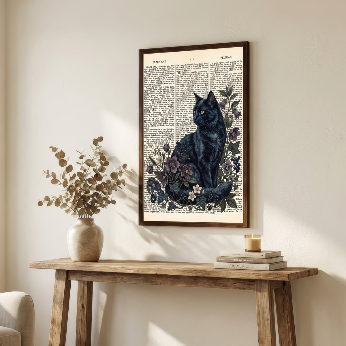Vintage Black Cat Botanical Art Print
