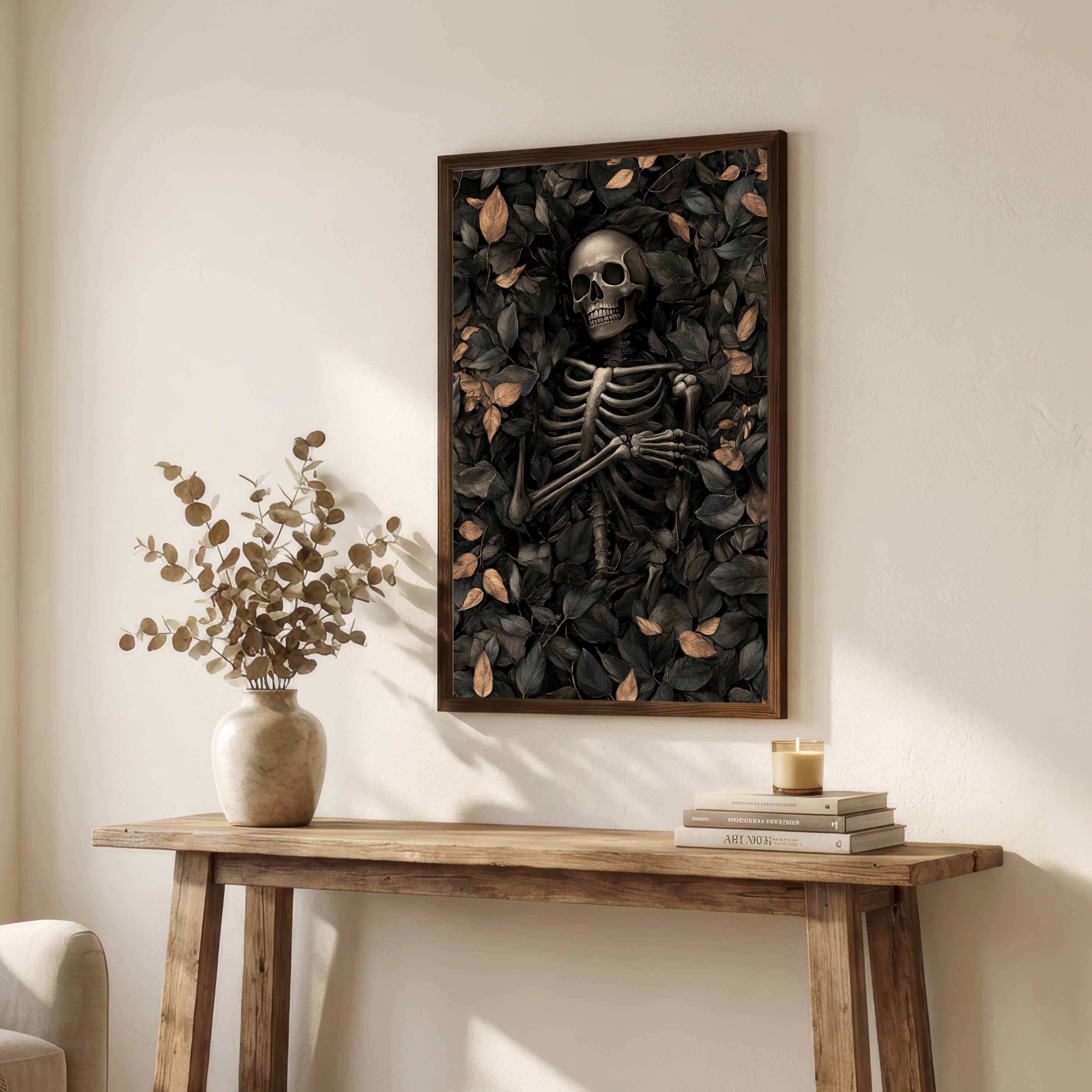 Skeleton Among Leaves Art Print