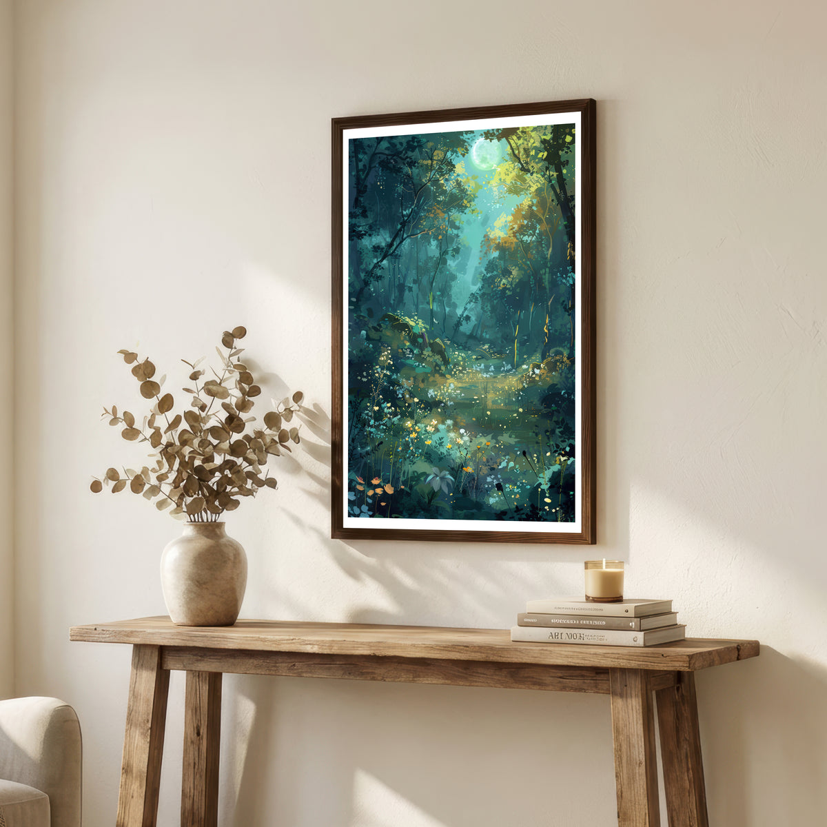Moonlit Woodland Pond Art Print