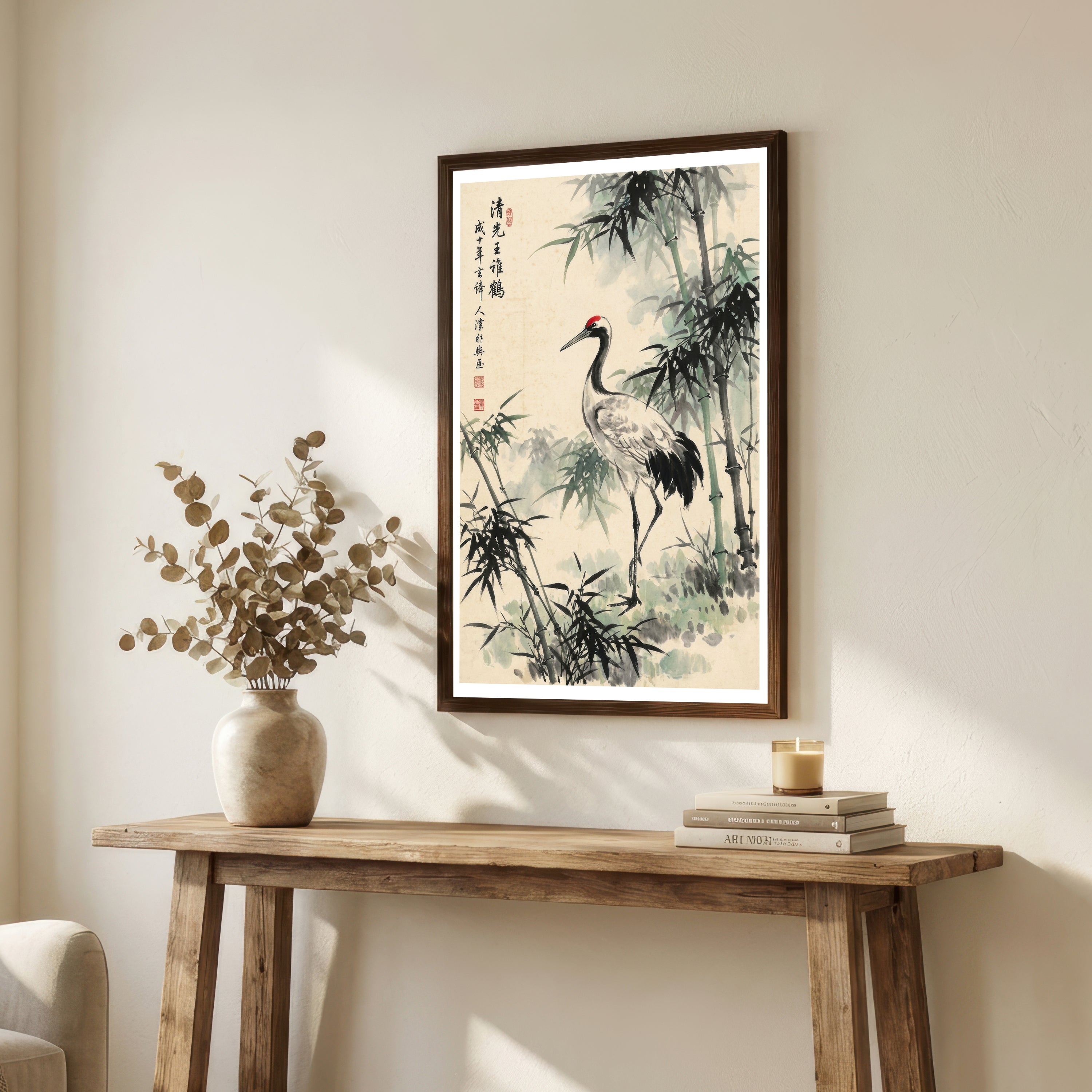 Crane and Bamboo Ink Wash Art Print