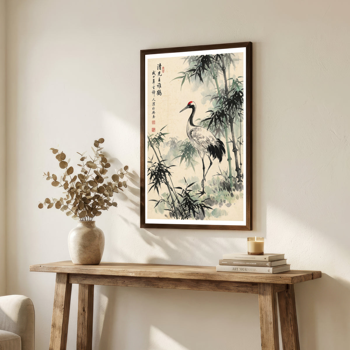 Crane and Bamboo Ink Wash Art Print