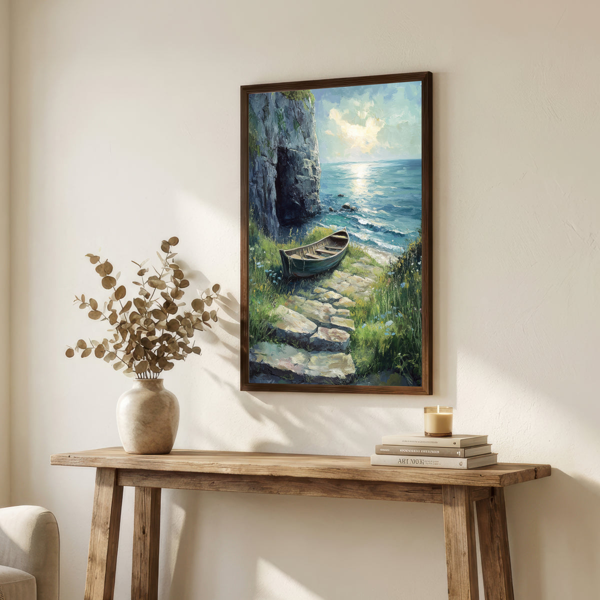 Coastal Cliff Rowboat Art Print
