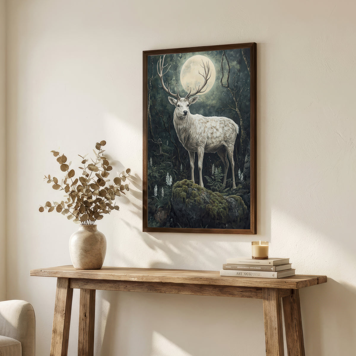 Moonlit Stag Forest Art Print