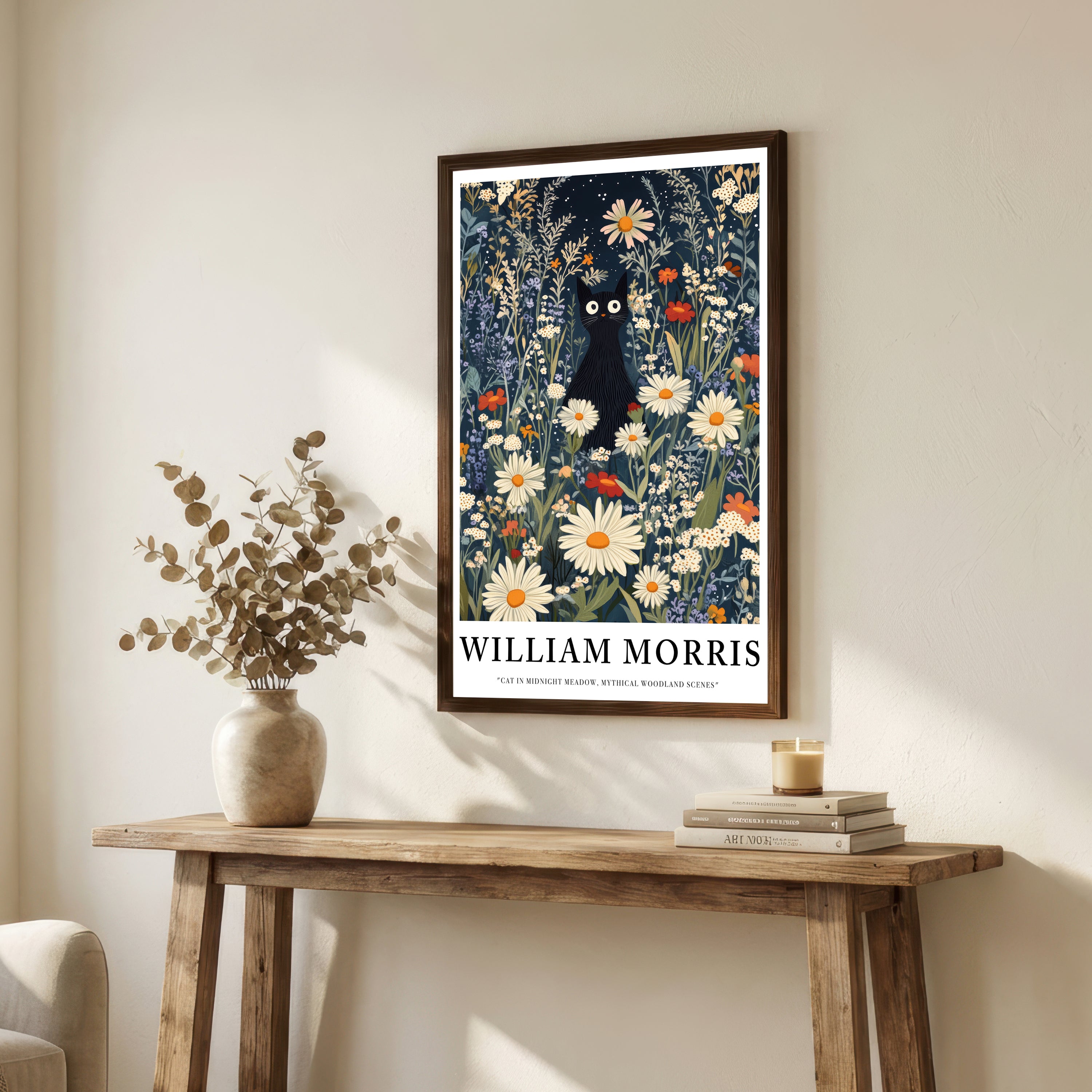 William Morris Inspired Black Cat Art Print