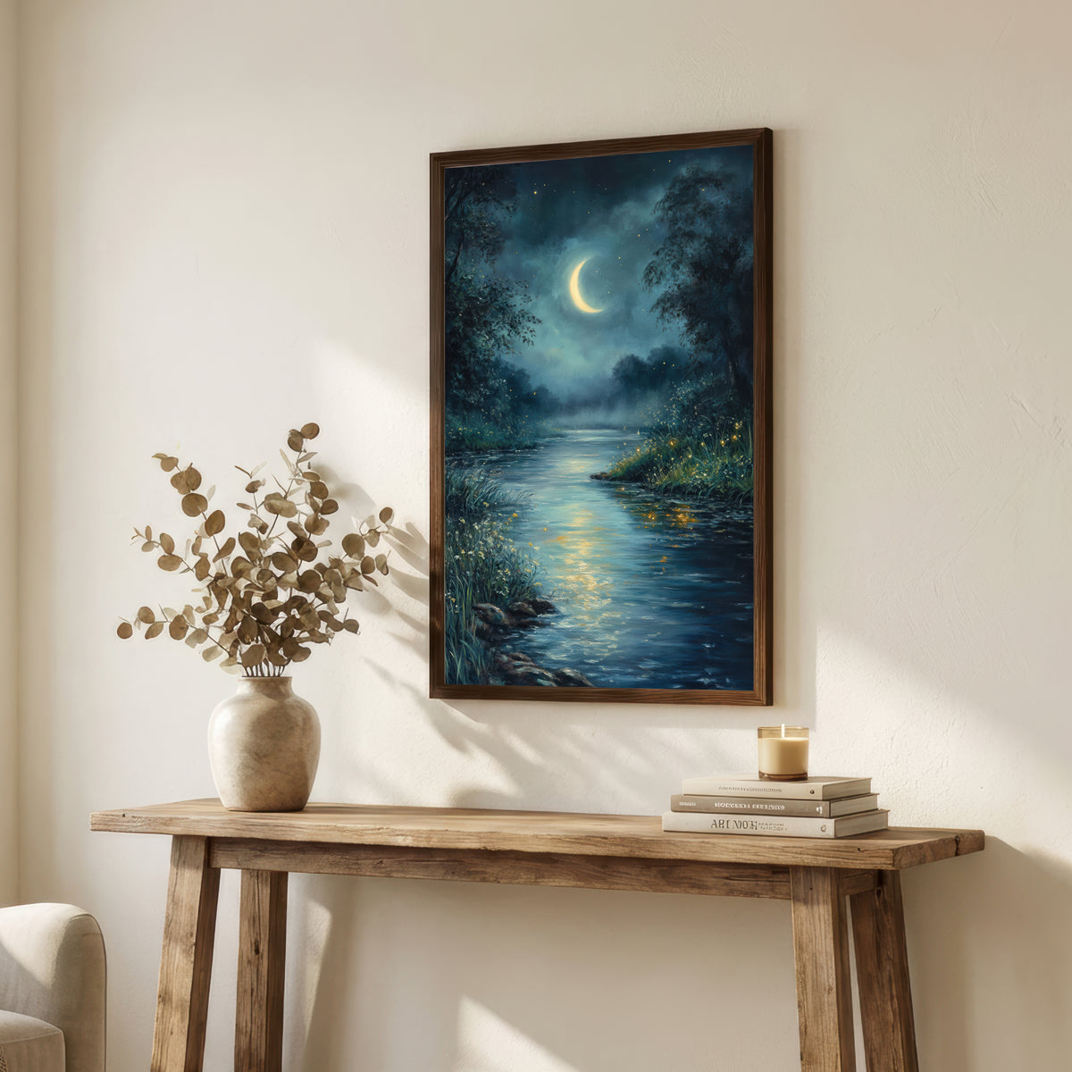 Moonlit Forest River Art Print