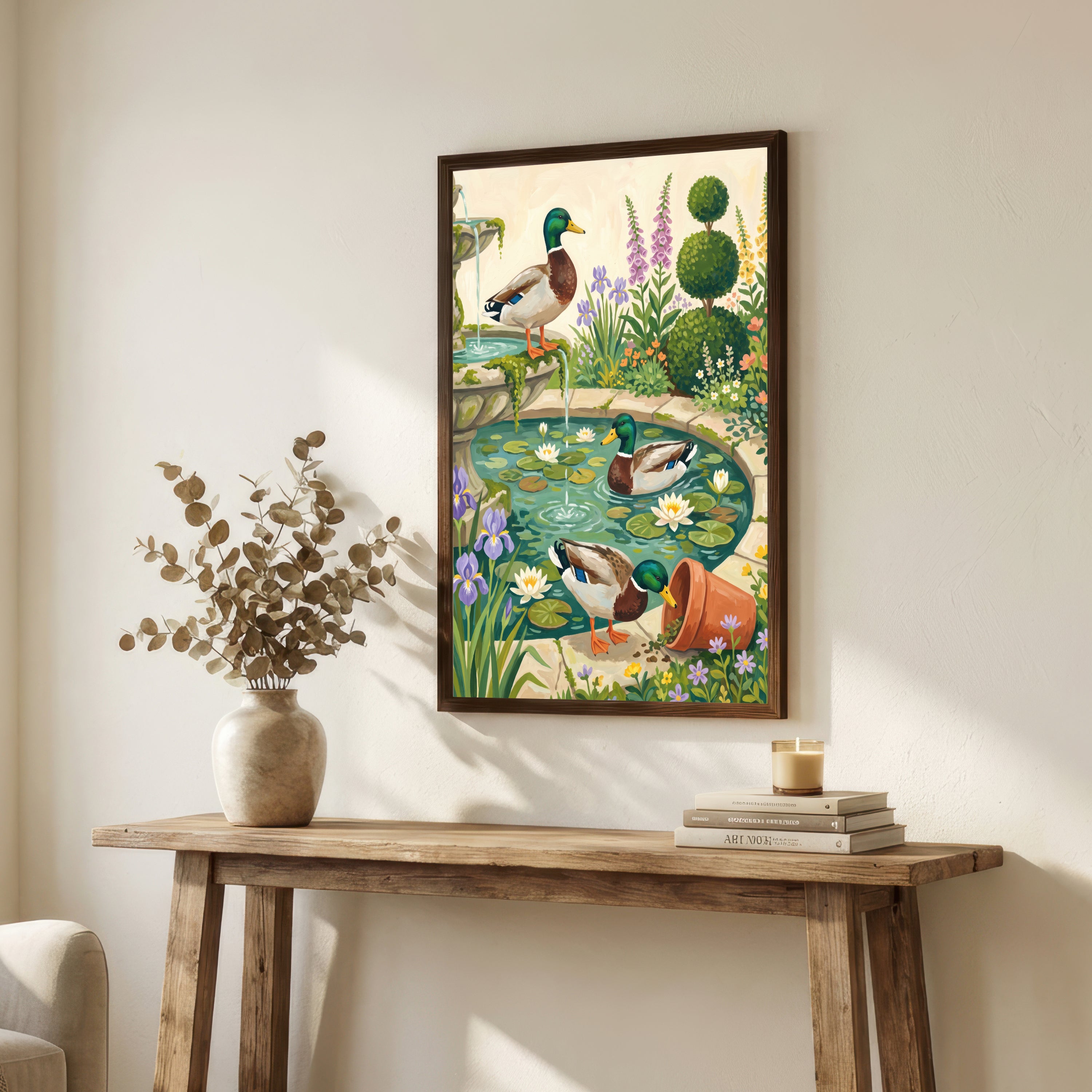 Ducks in Garden Pond Art Print