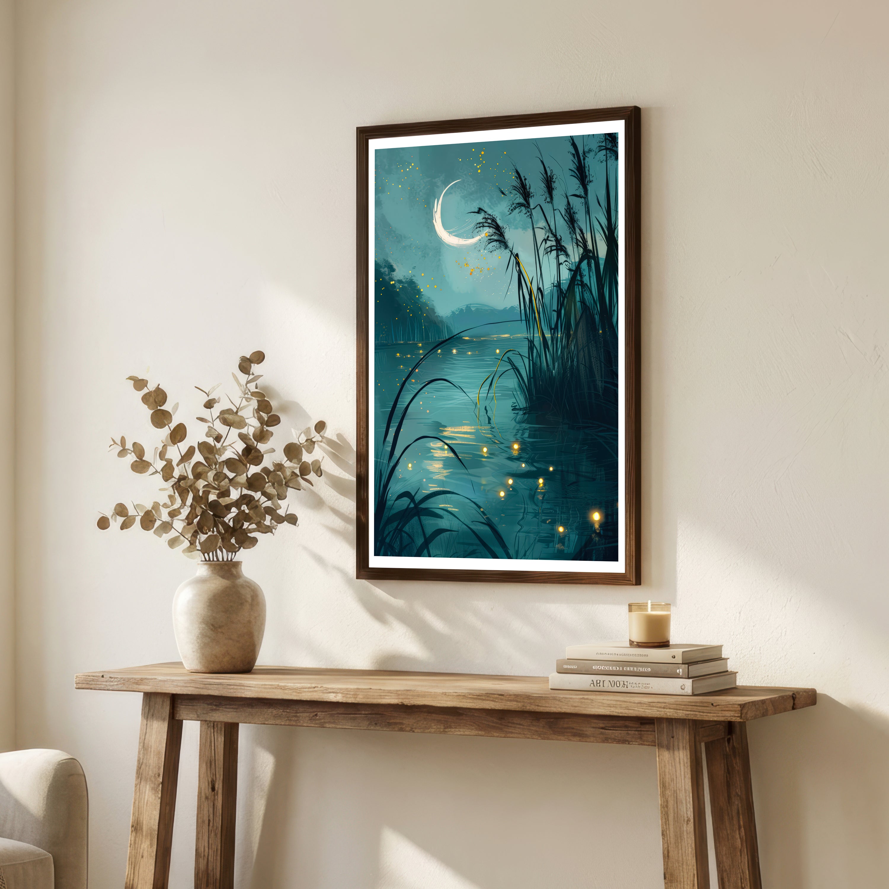 Moonlit Lake Firefly Art Print