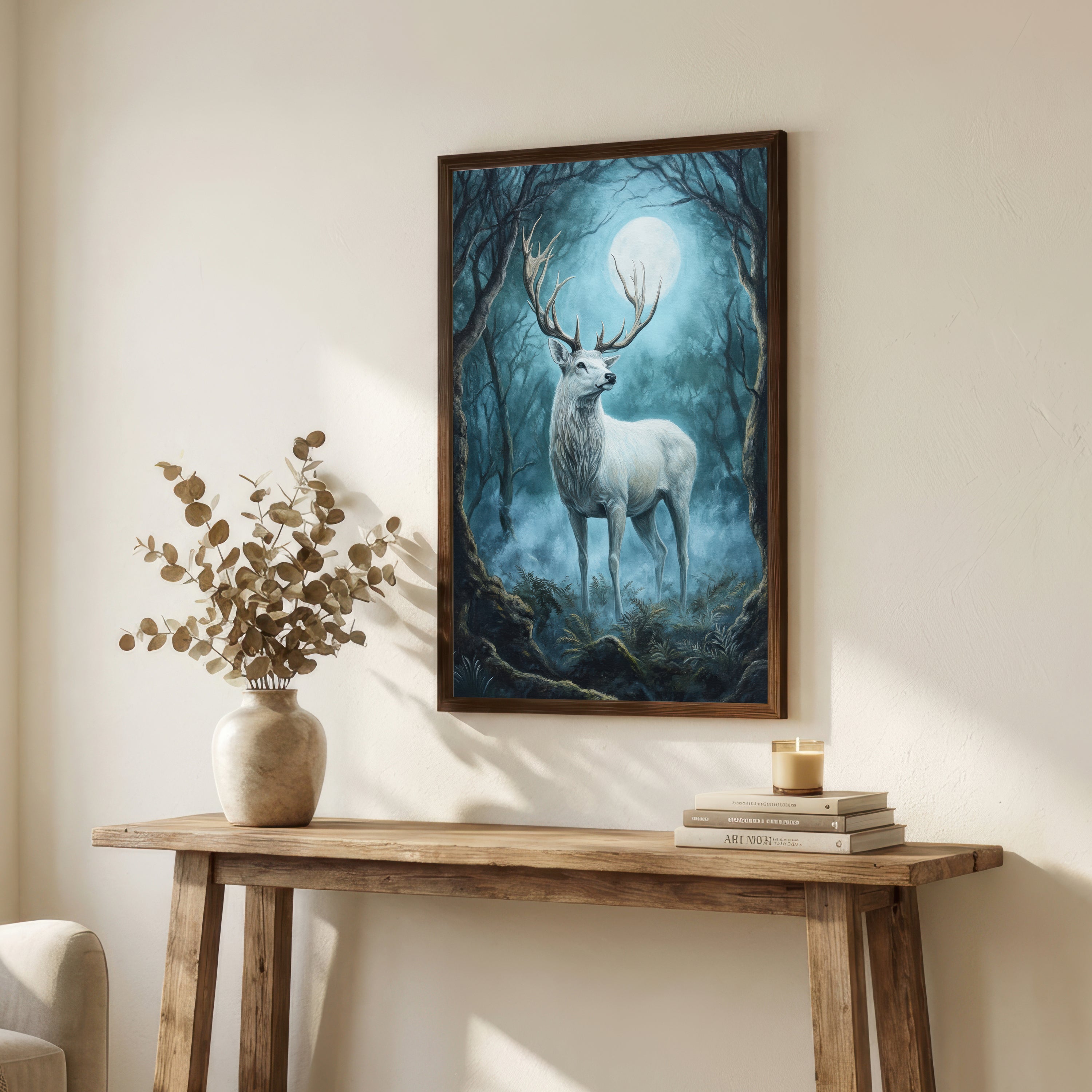 White Stag Moonlit Forest Art Print