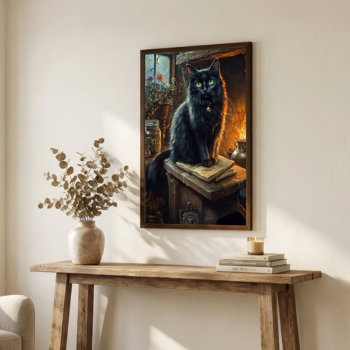 Black Cat Fireplace Art Print