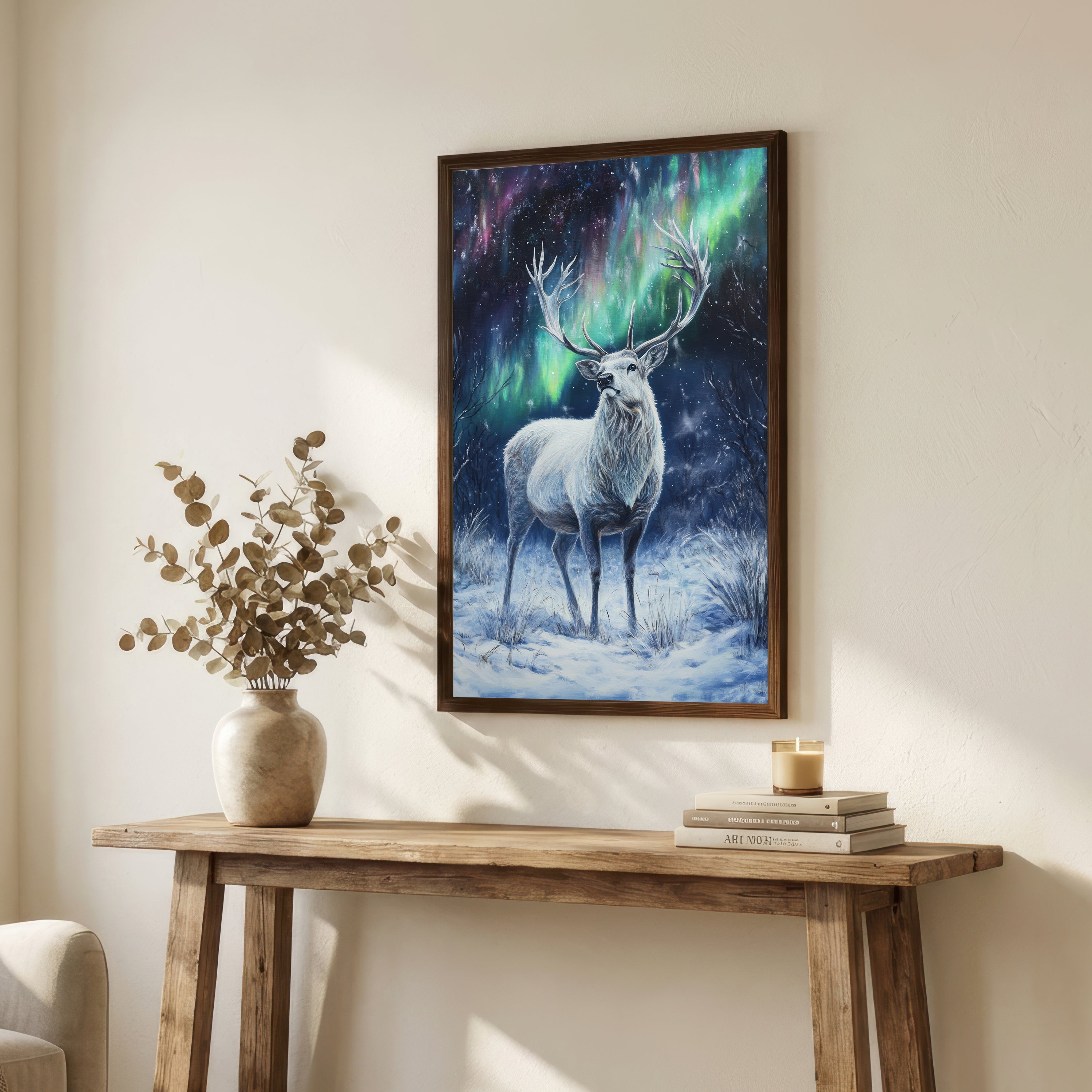 Stag Under Northern Lights Art Print