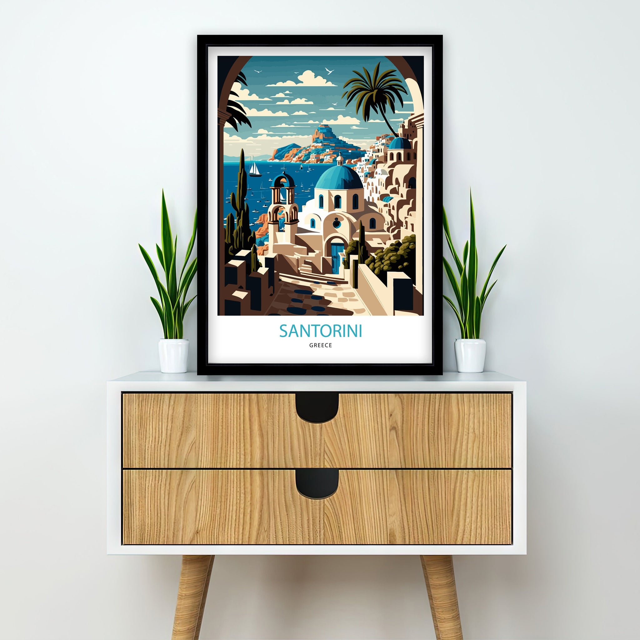 Santorini Greece Travel Print | Whitewashed Buildings, Blue Domes