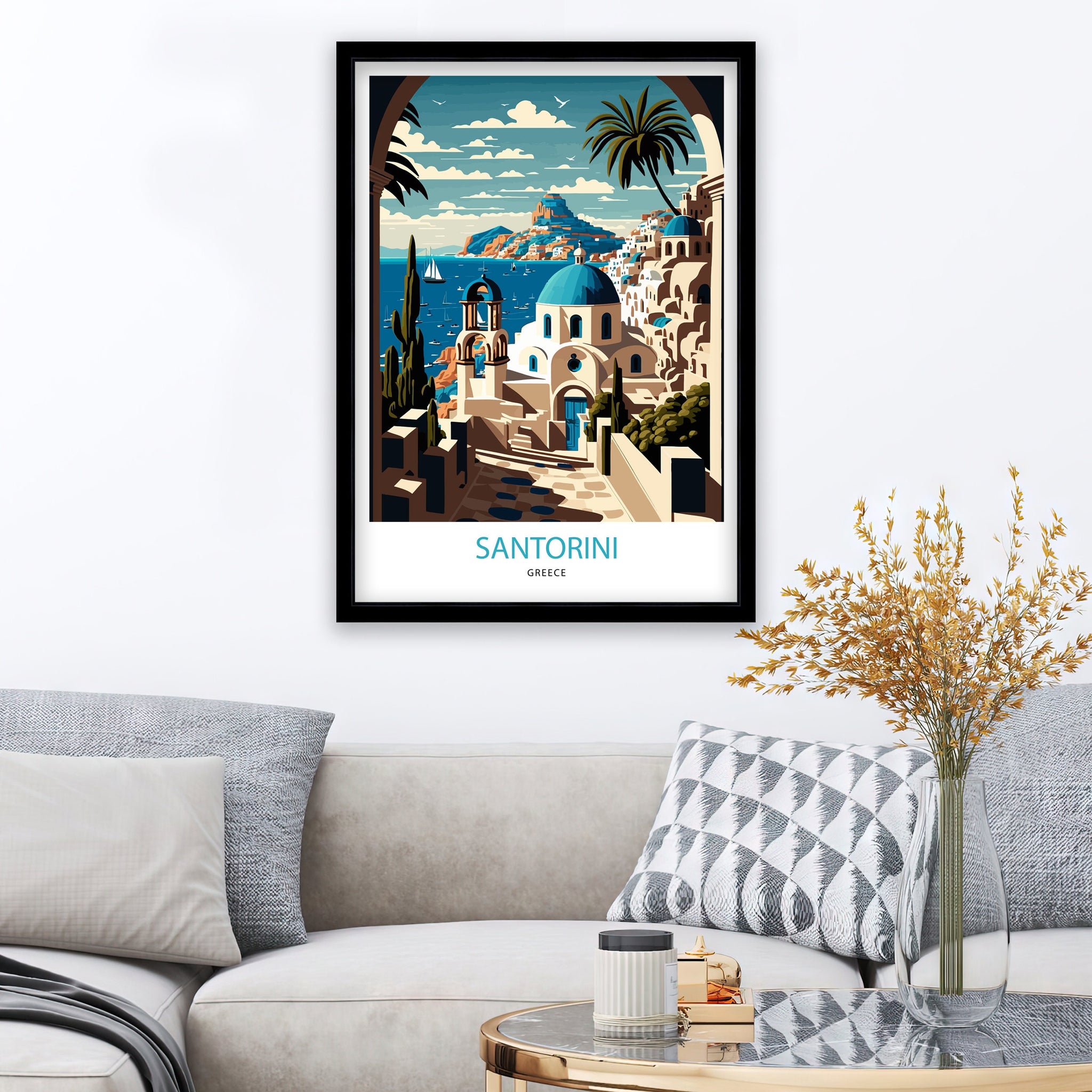 Santorini Greece Travel Print | Whitewashed Buildings, Blue Domes