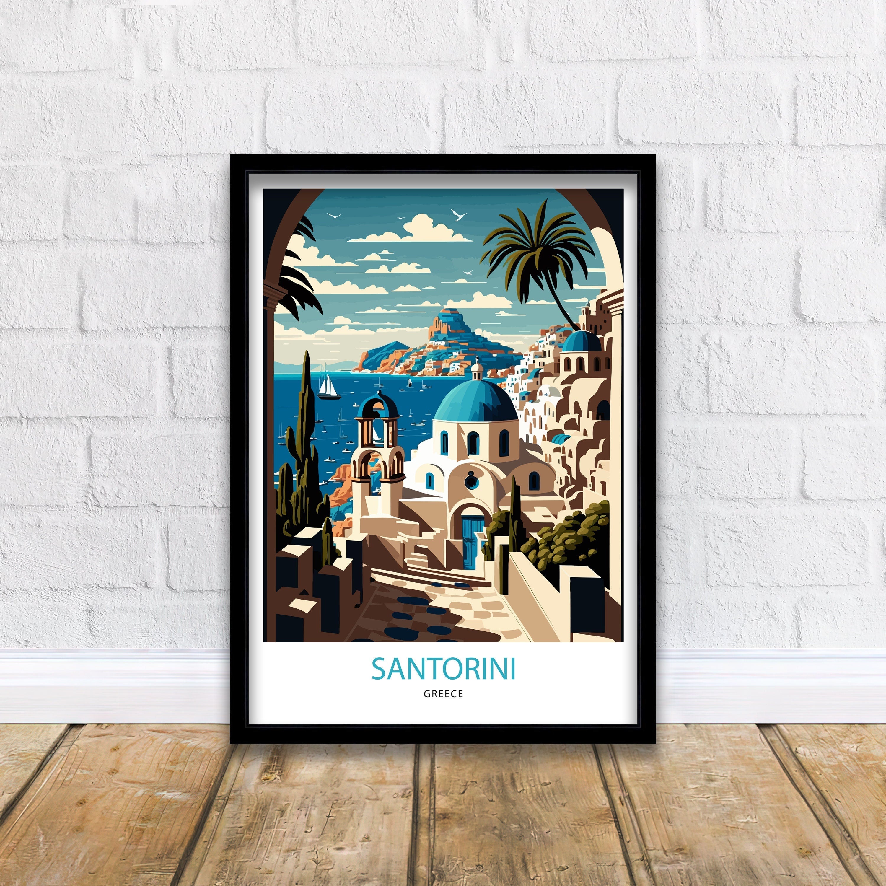 Santorini Greece Travel Print | Whitewashed Buildings, Blue Domes