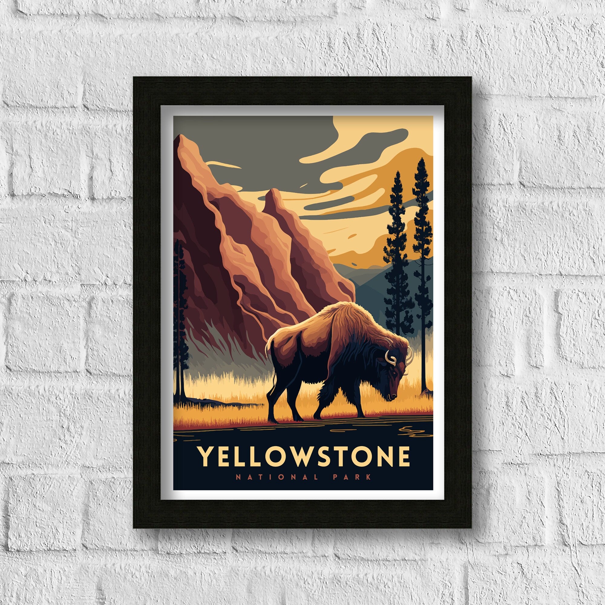 Yellowstone National Park Travel Poster | Bison, Hot Springs Art Print