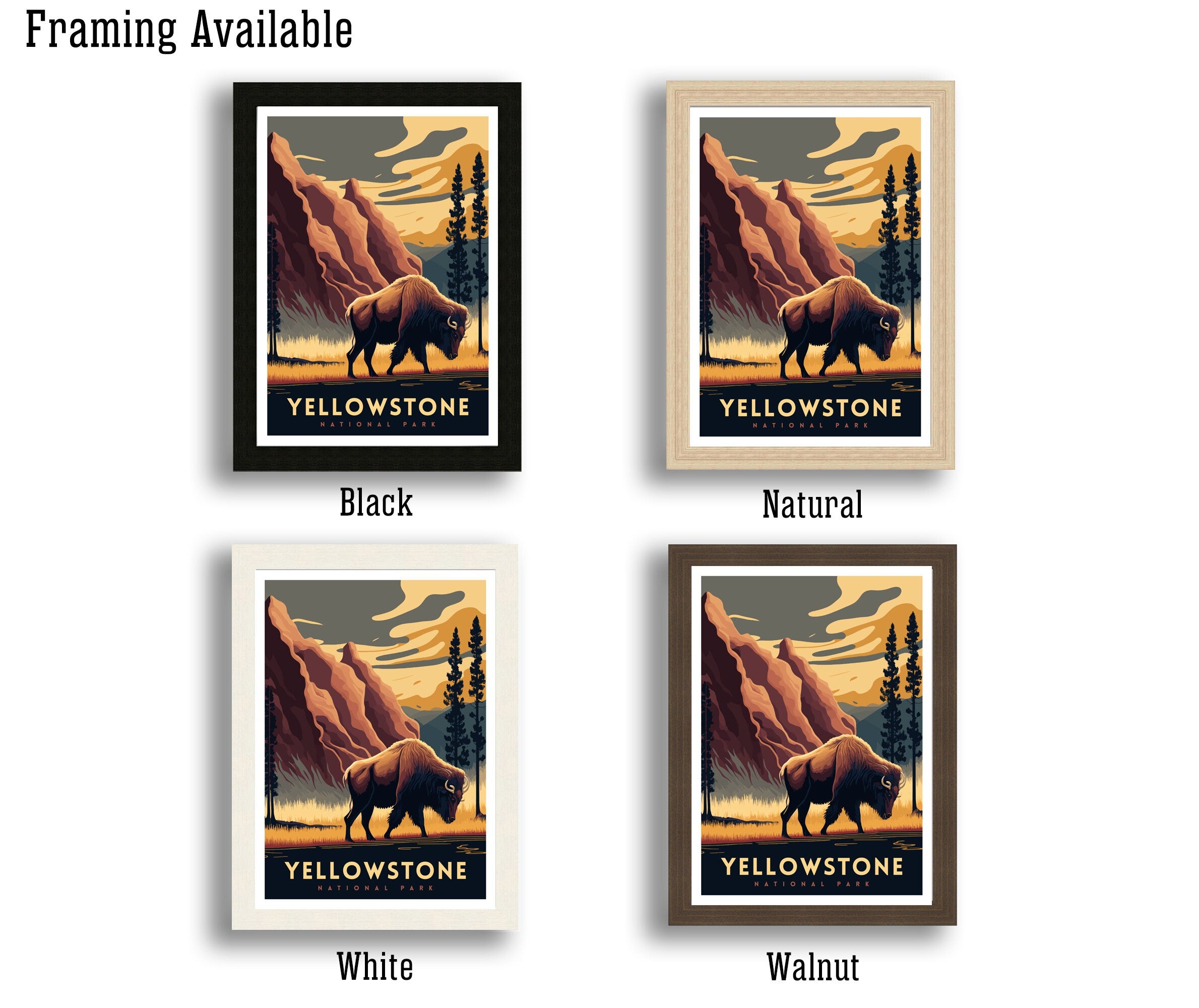 Yellowstone National Park Travel Poster | Bison, Hot Springs Art Print