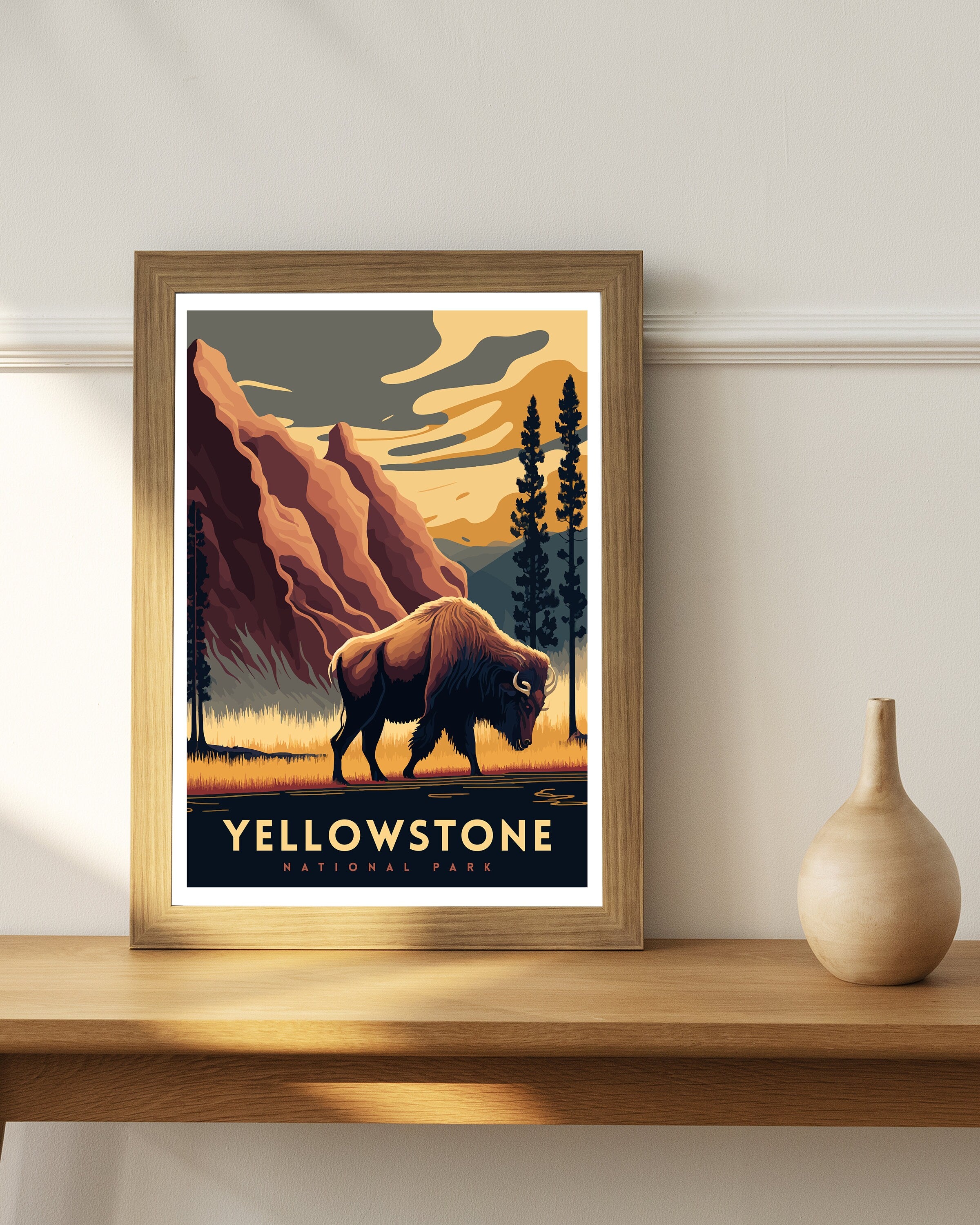 Yellowstone National Park Travel Poster | Bison, Hot Springs Art Print