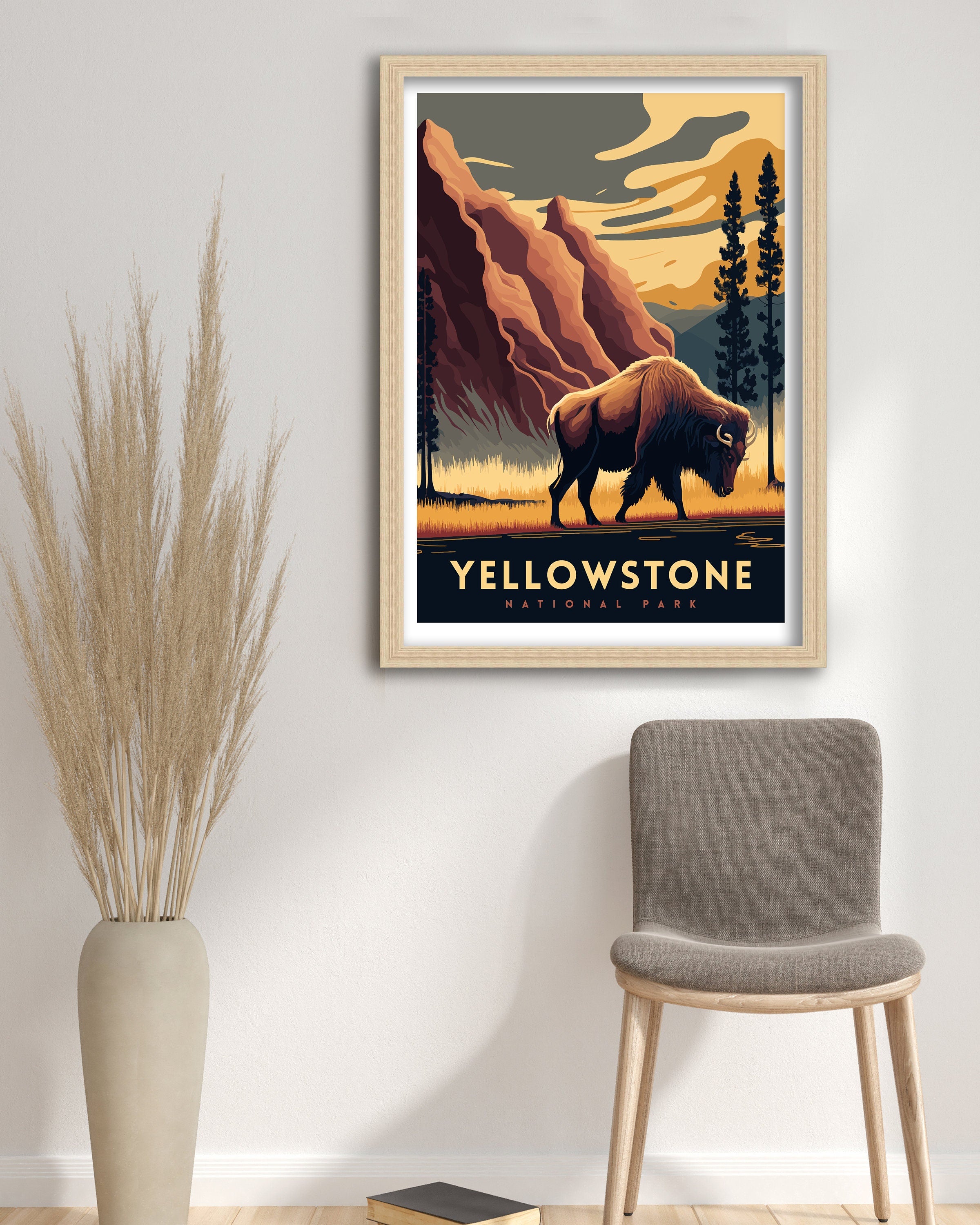 Yellowstone National Park Travel Poster | Bison, Hot Springs Art Print