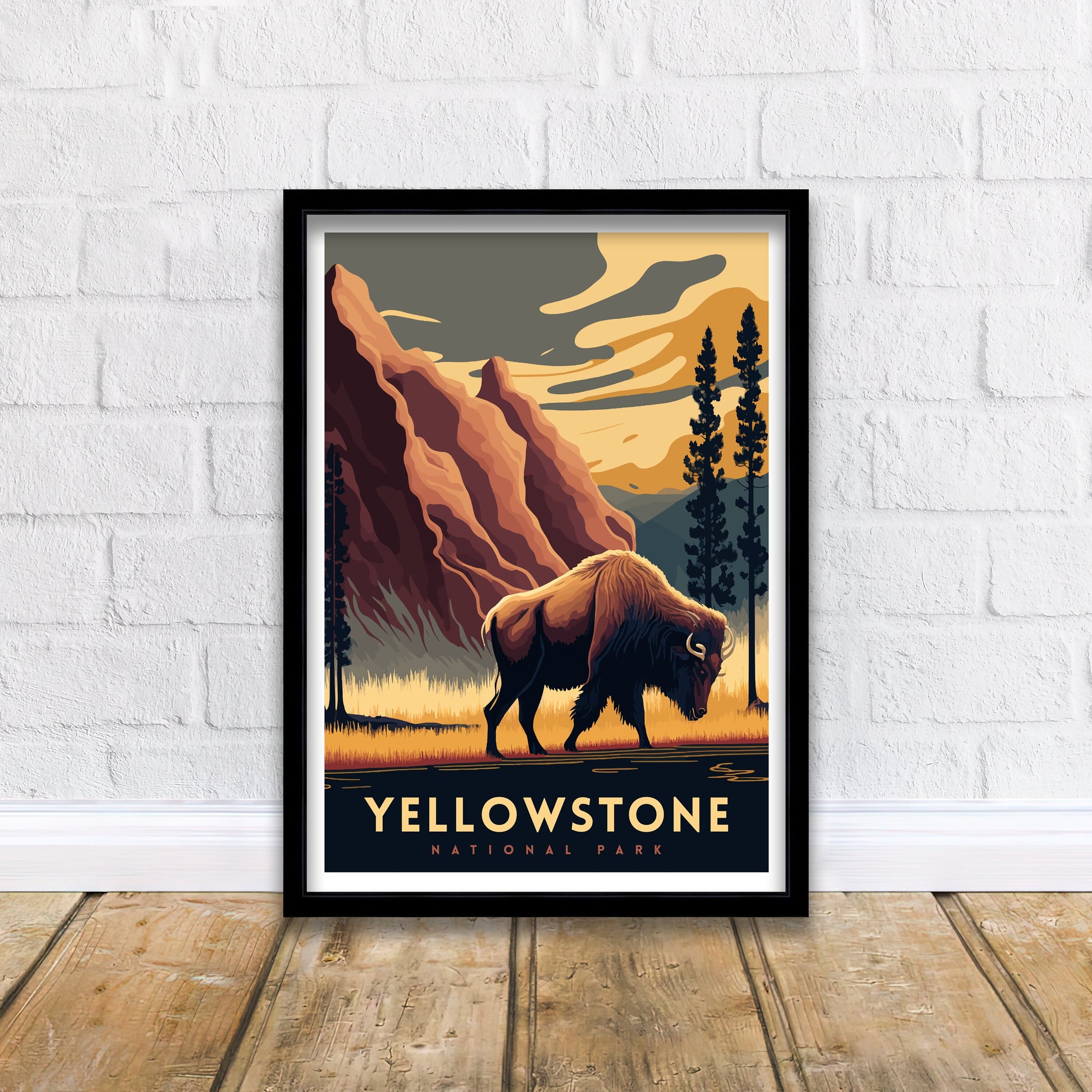 Yellowstone National Park Travel Poster | Bison, Hot Springs Art Print