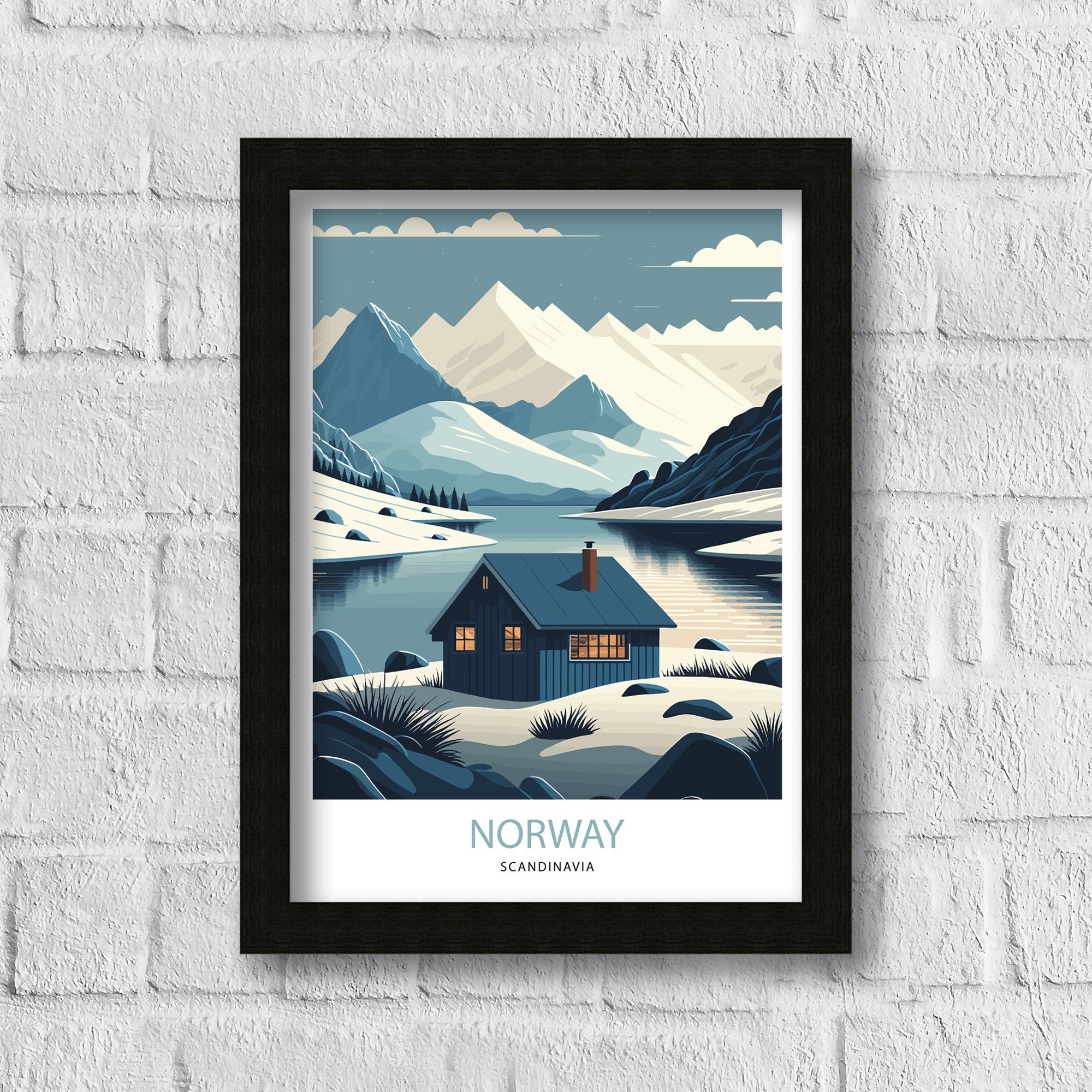 Winter Norway Travel Poster | Scandinavian Mountain Art Print
