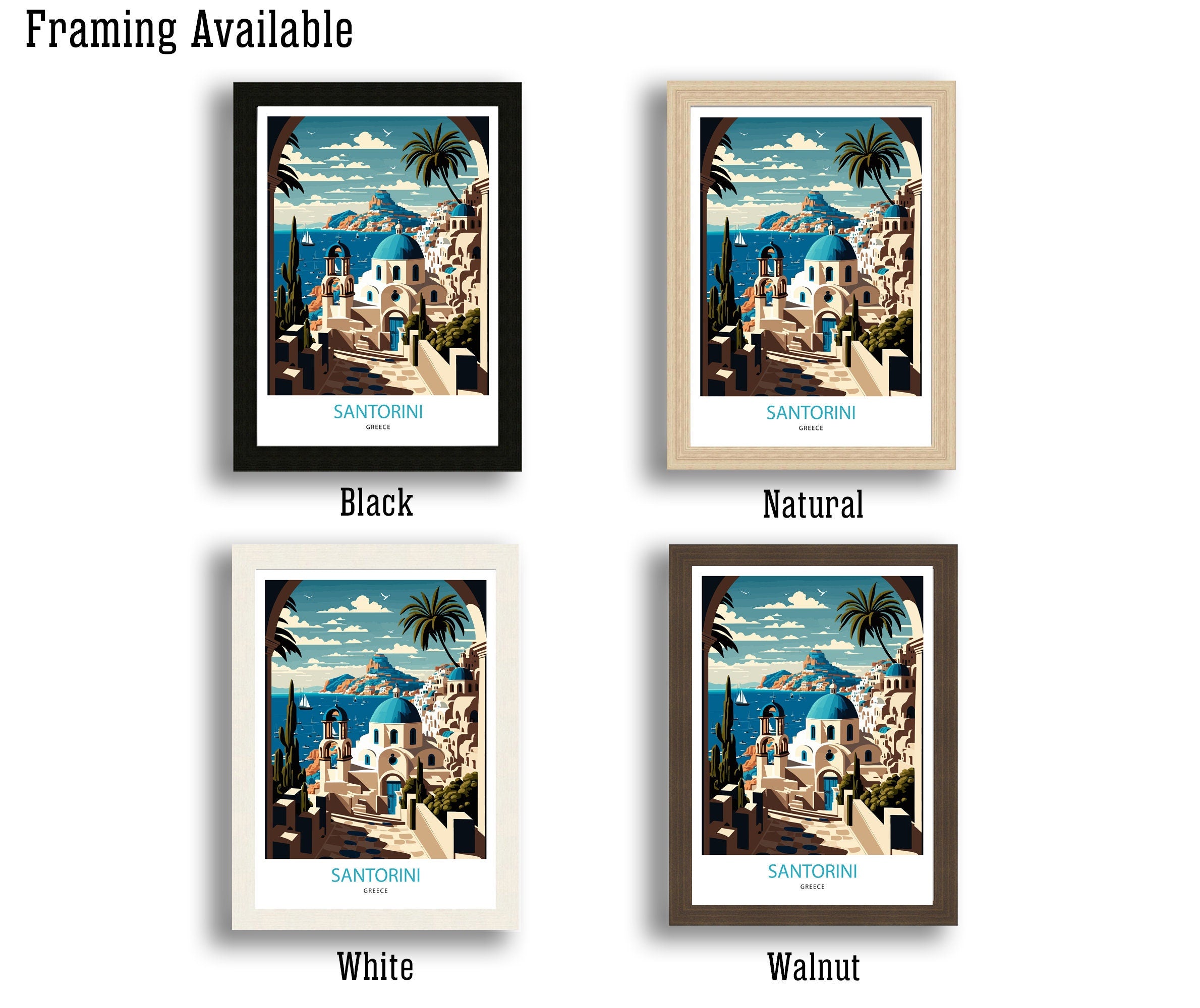 Santorini Greece Travel Print | Whitewashed Buildings, Blue Domes