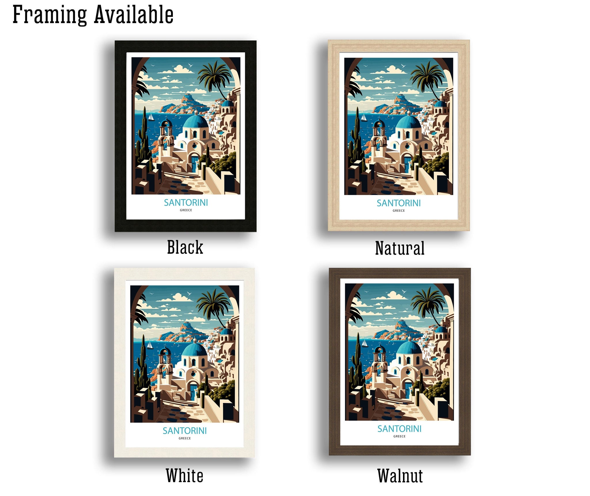 Santorini Greece Travel Print | Whitewashed Buildings, Blue Domes
