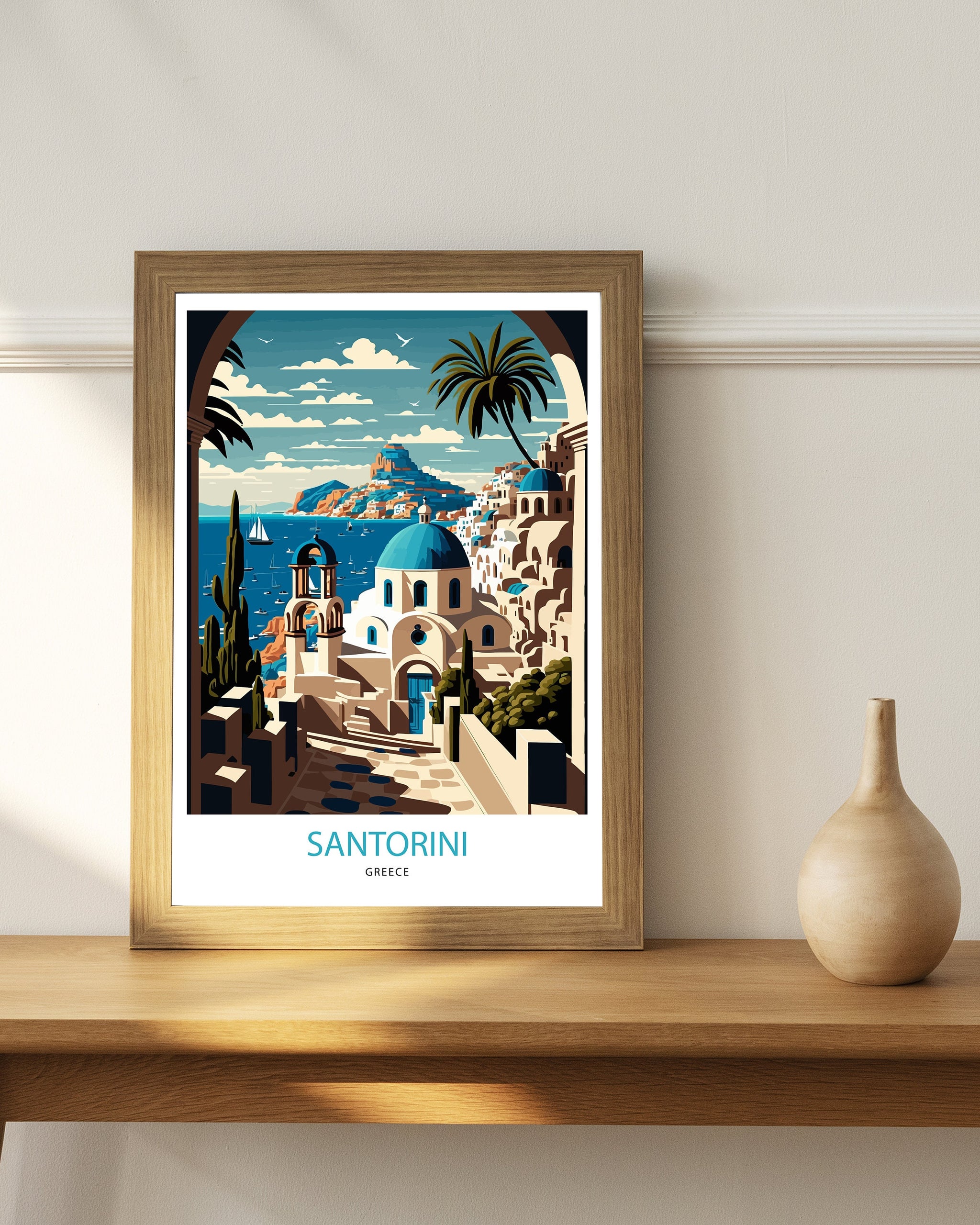 Santorini Greece Travel Print | Whitewashed Buildings, Blue Domes