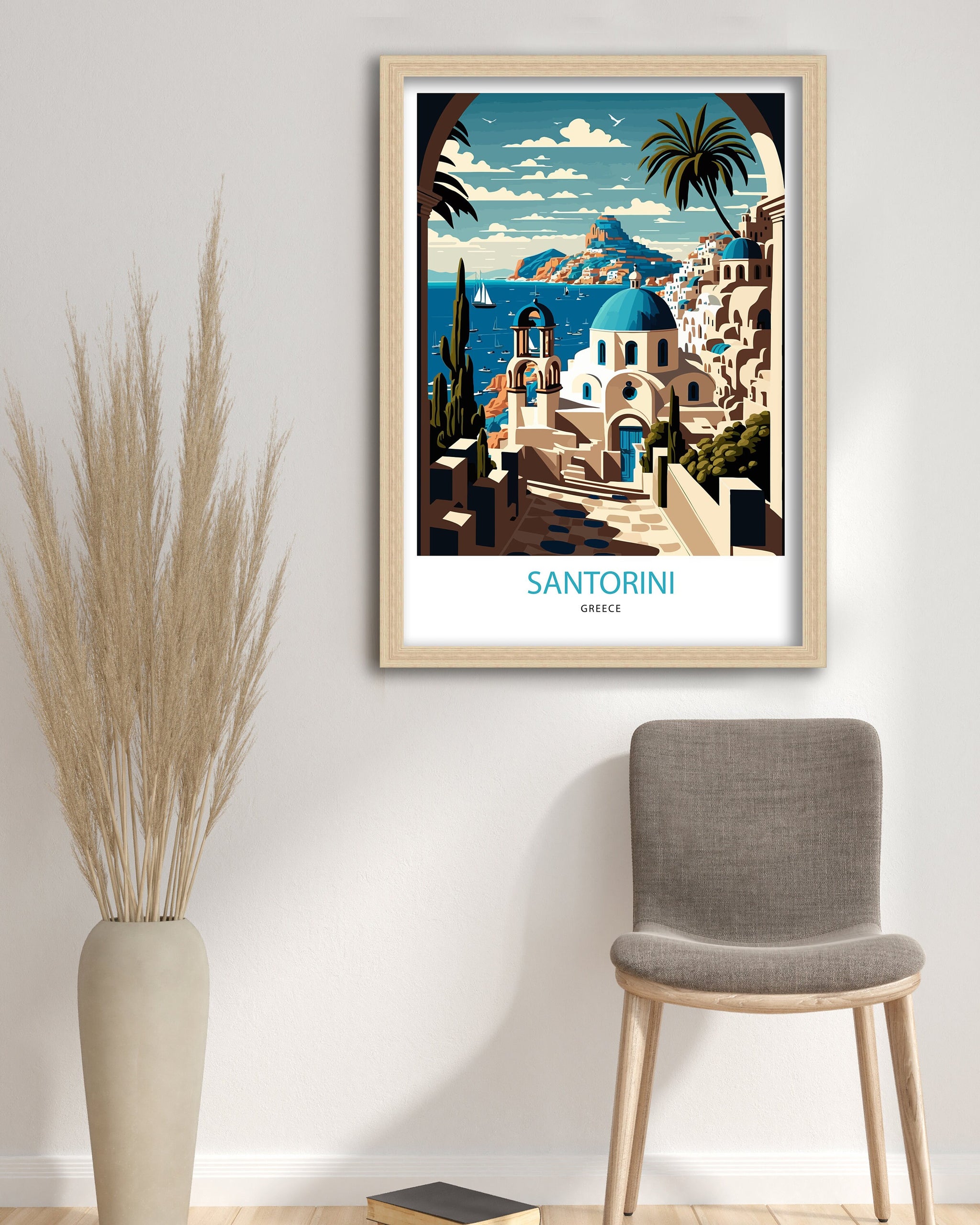 Santorini Greece Travel Print | Whitewashed Buildings, Blue Domes