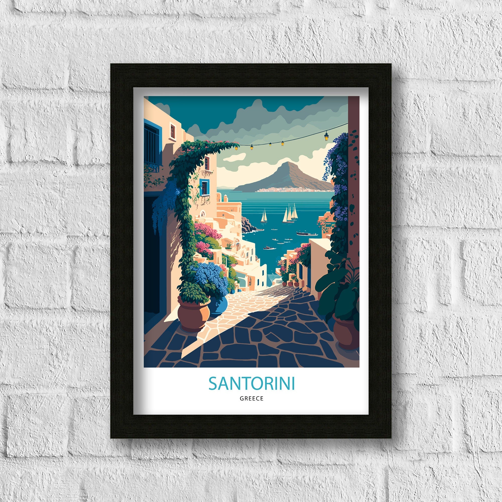 Santorini Greece Travel Poster, Mediterranean Wall Art