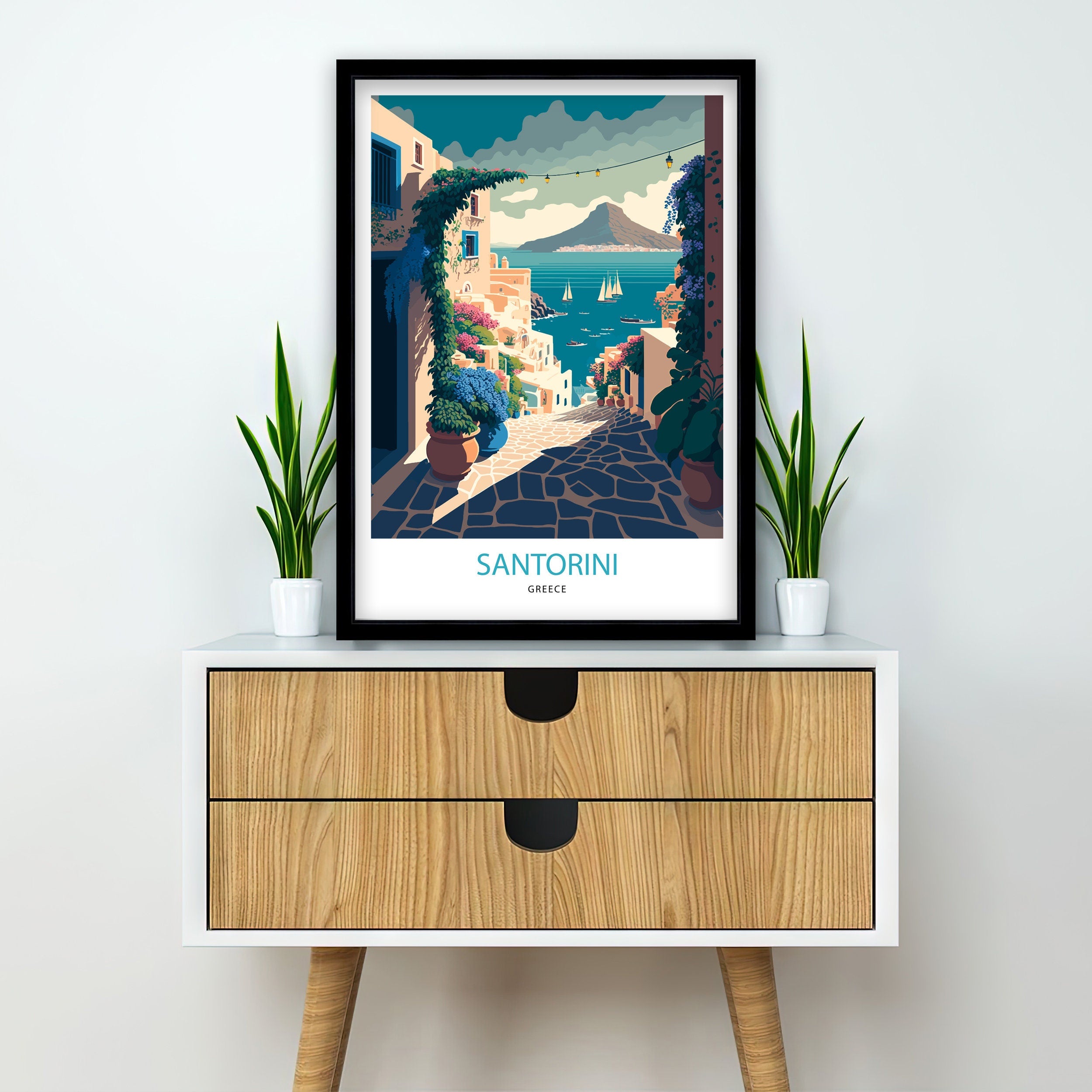Santorini Greece Travel Poster, Mediterranean Wall Art