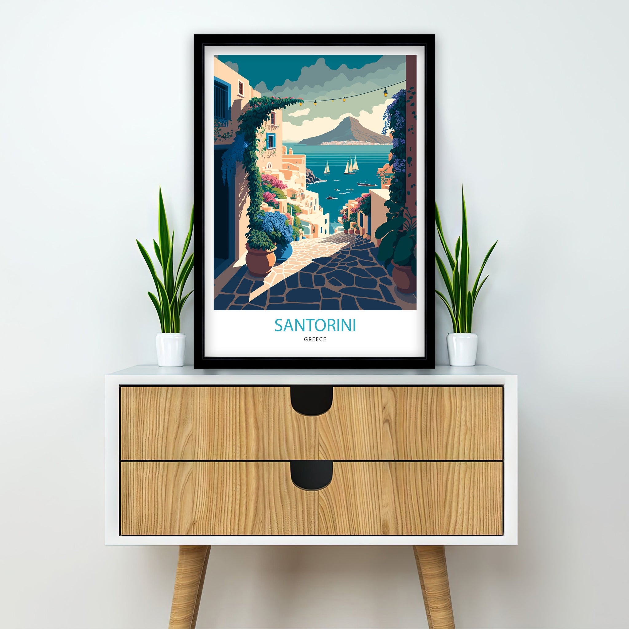 Santorini Greece Travel Poster, Mediterranean Wall Art