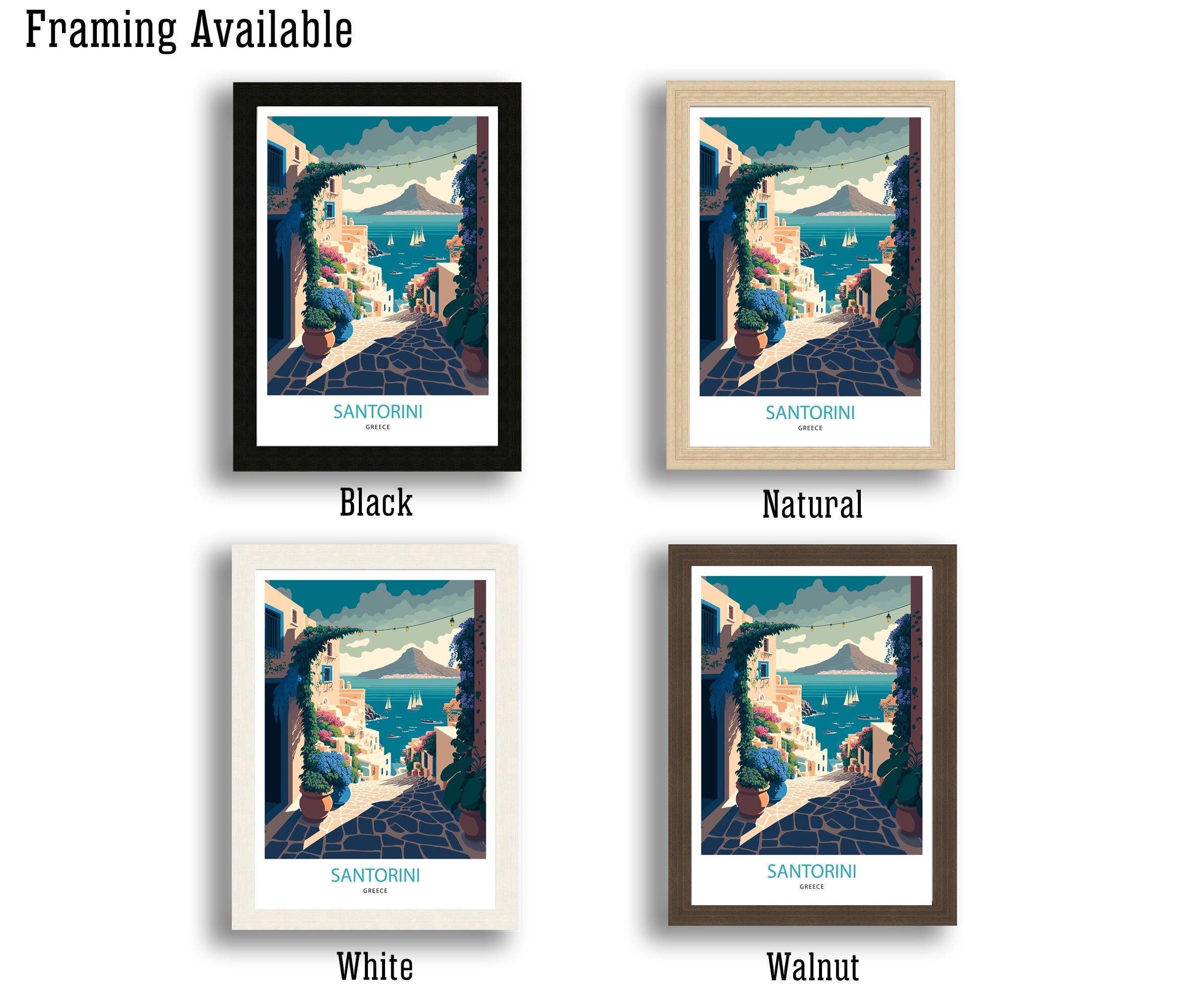 Santorini Greece Travel Poster, Mediterranean Wall Art