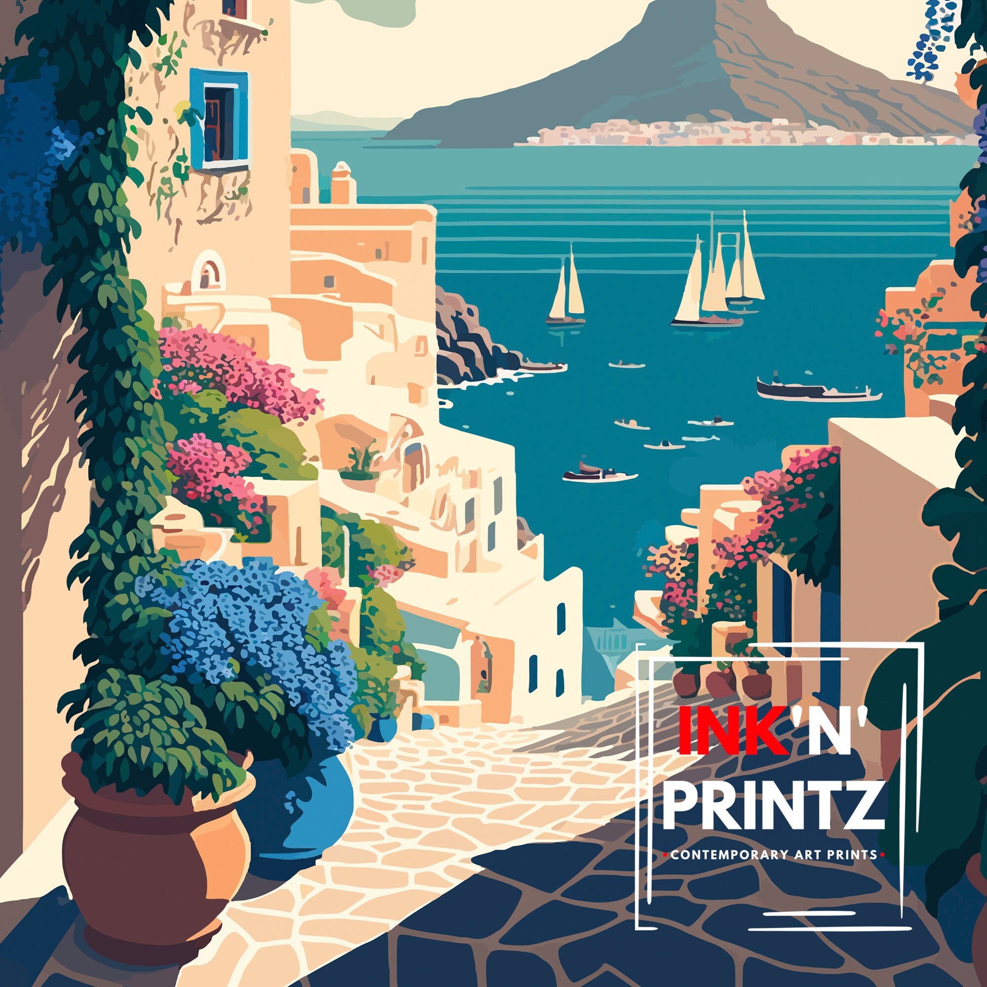 Santorini Greece Travel Poster, Mediterranean Wall Art