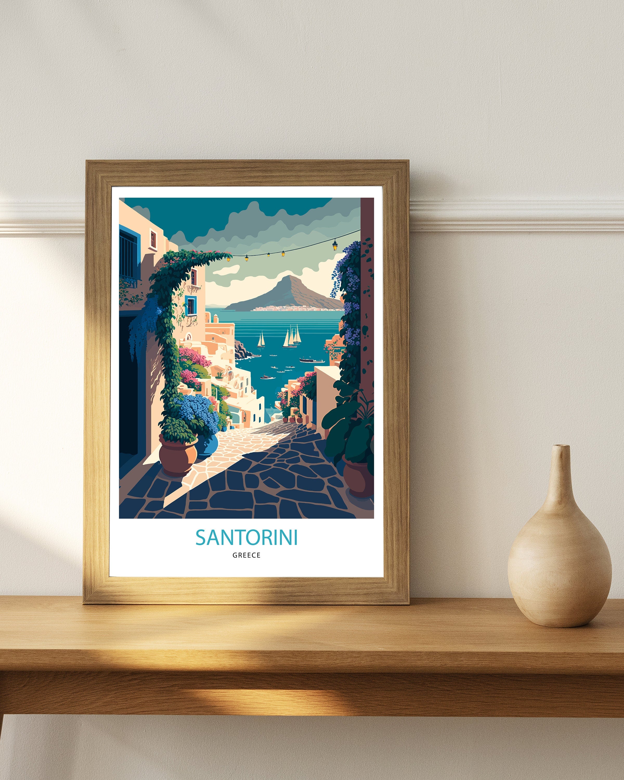 Santorini Greece Travel Poster, Mediterranean Wall Art