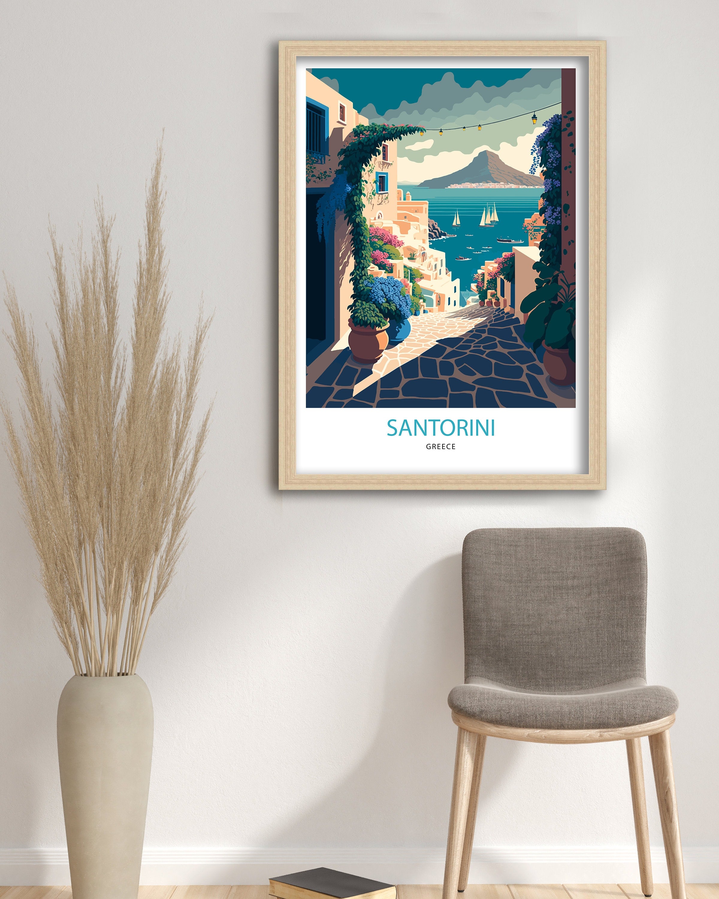 Santorini Greece Travel Poster, Mediterranean Wall Art