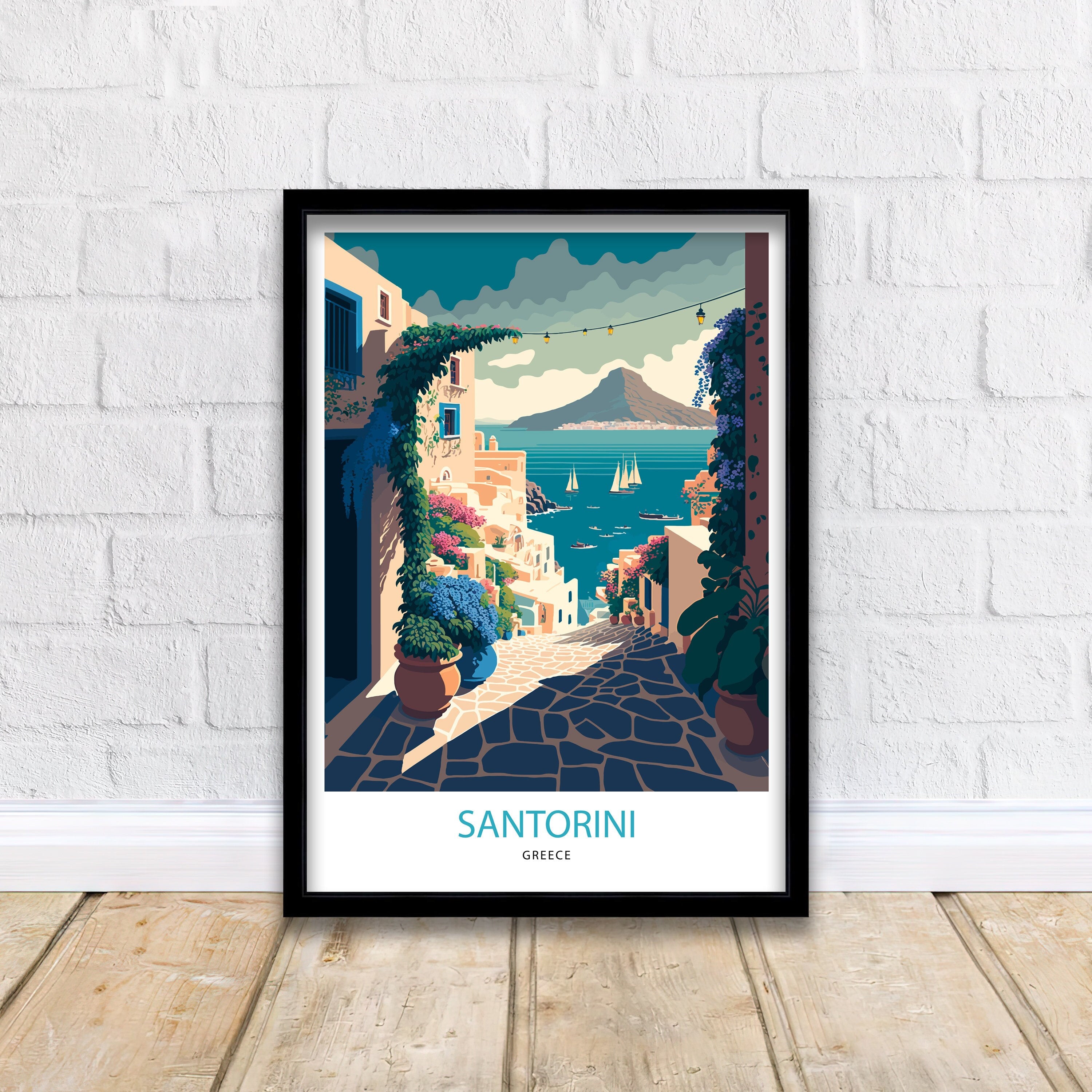 Santorini Greece Travel Poster, Mediterranean Wall Art