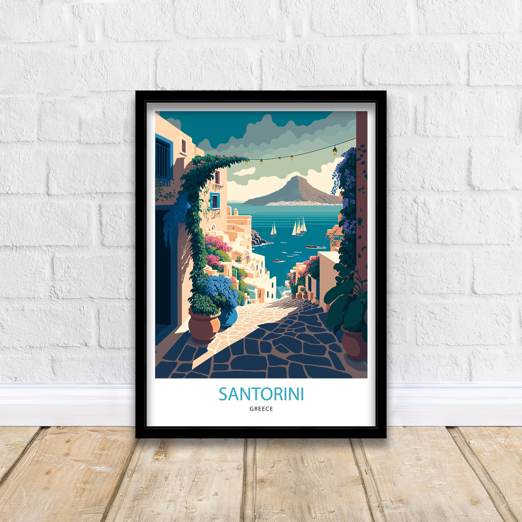 Santorini Greece Travel Poster, Mediterranean Wall Art