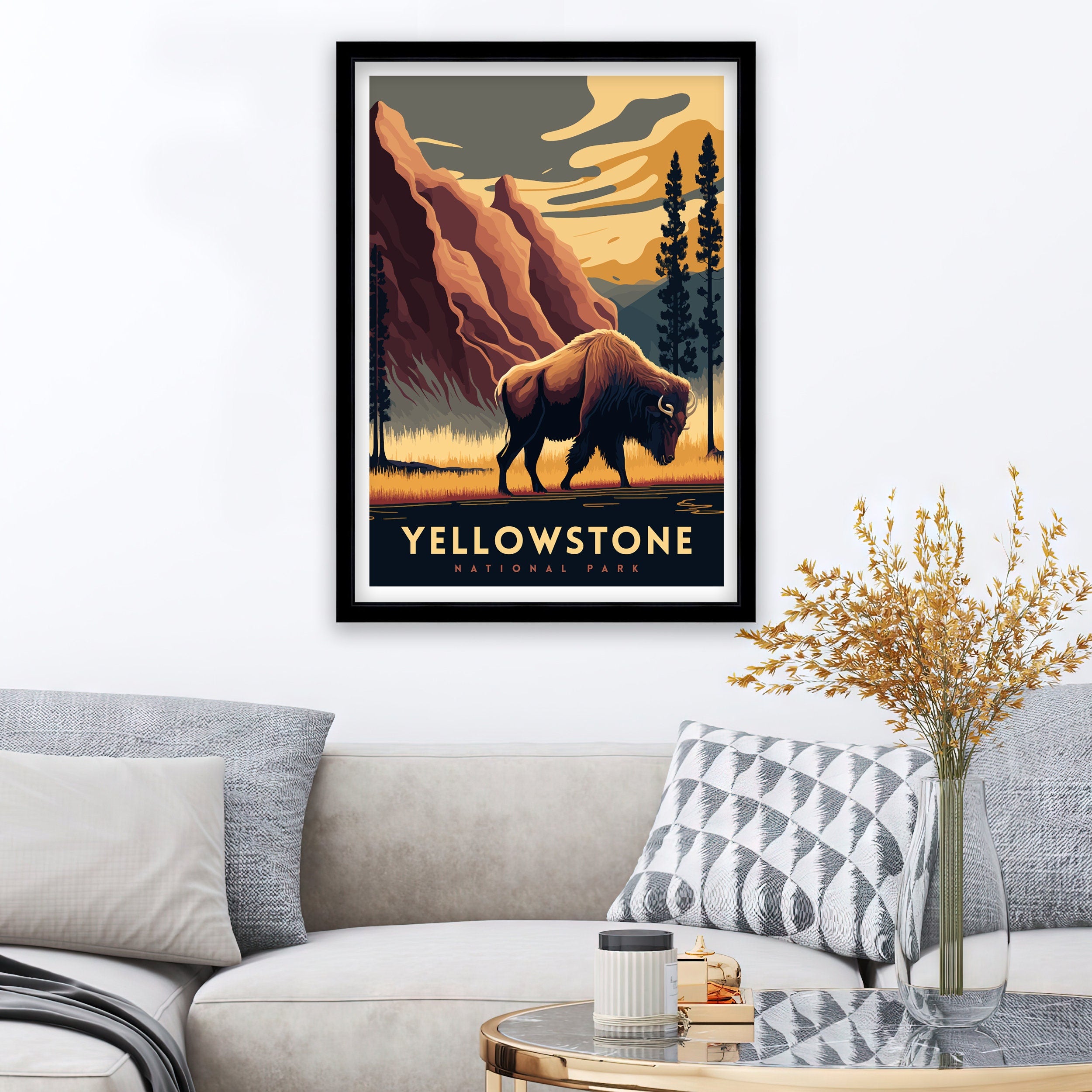 Yellowstone National Park Travel Poster | Bison, Hot Springs Art Print