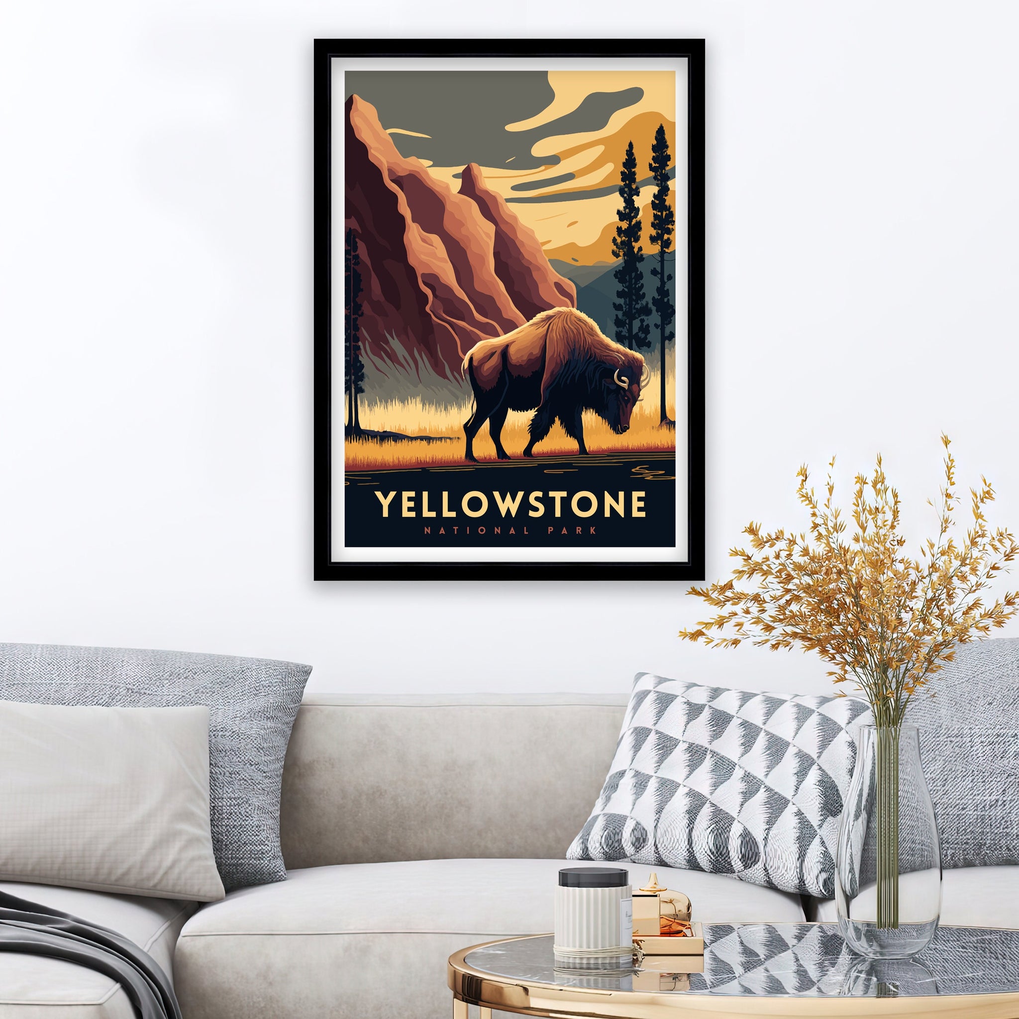 Yellowstone National Park Travel Poster | Bison, Hot Springs Art Print