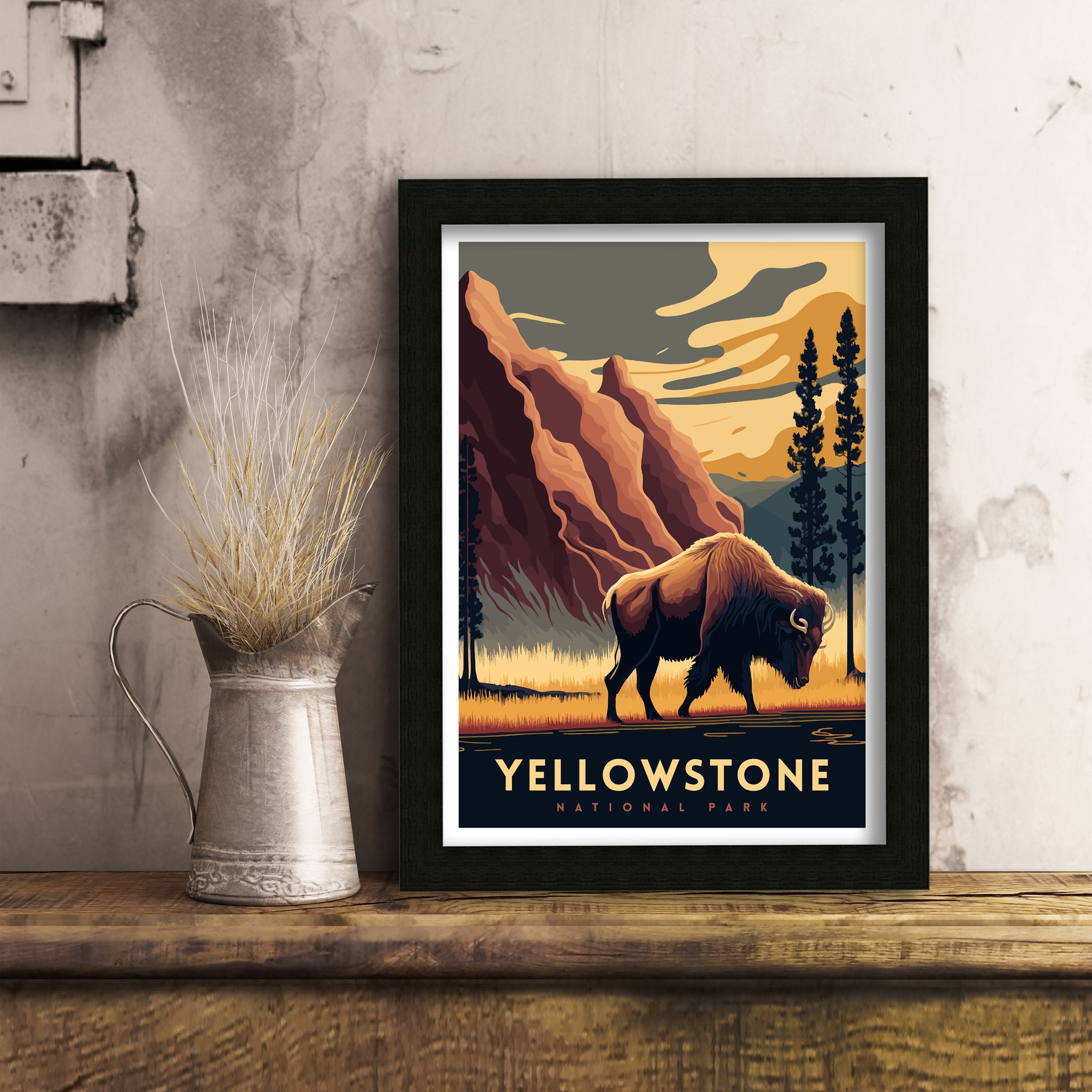 Yellowstone National Park Travel Poster | Bison, Hot Springs Art Print