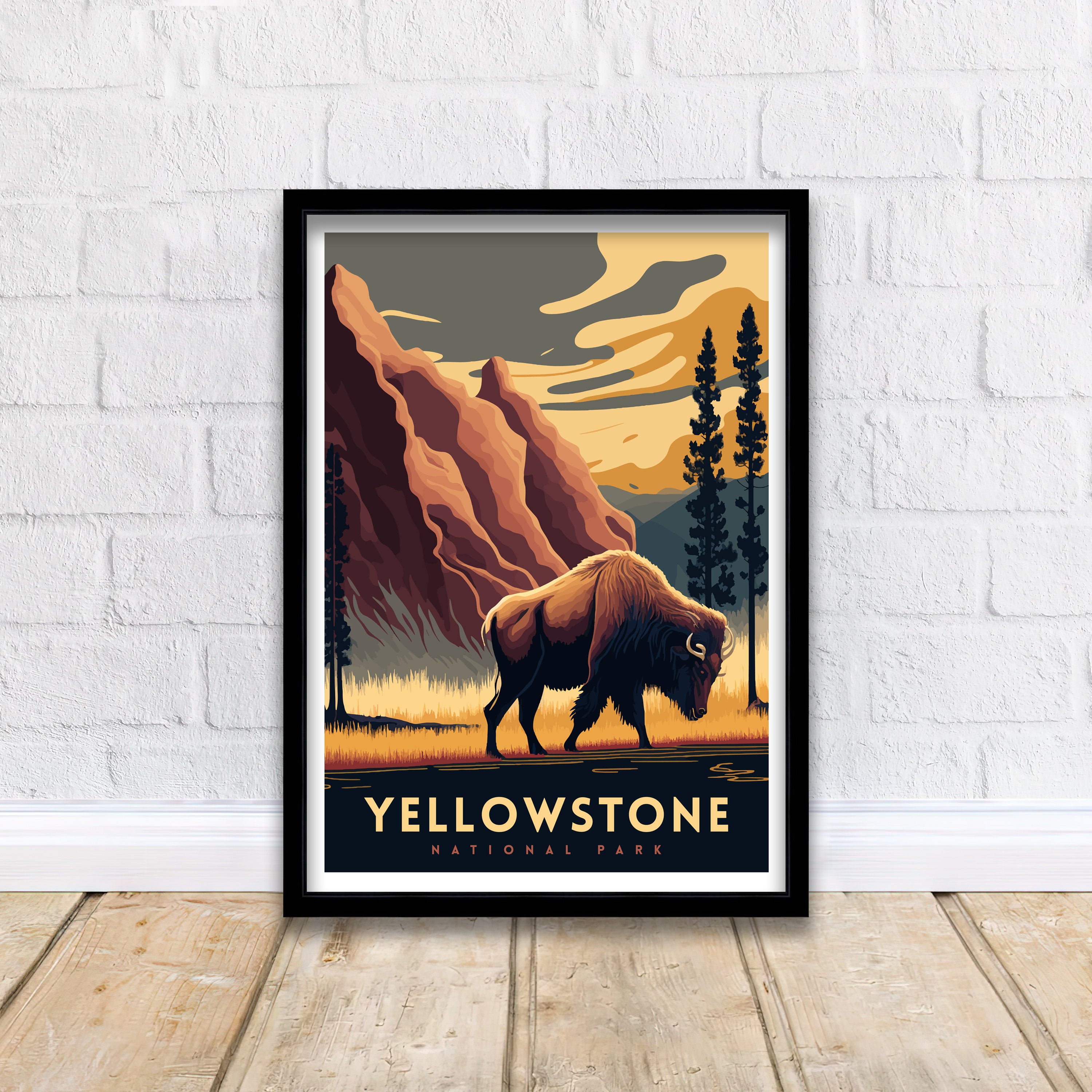 Yellowstone National Park Travel Poster | Bison, Hot Springs Art Print