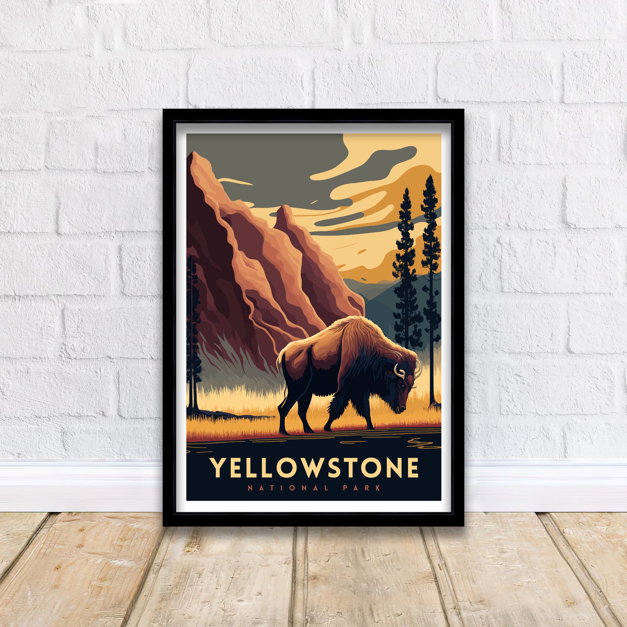 Yellowstone National Park Travel Poster | Bison, Hot Springs Art Print