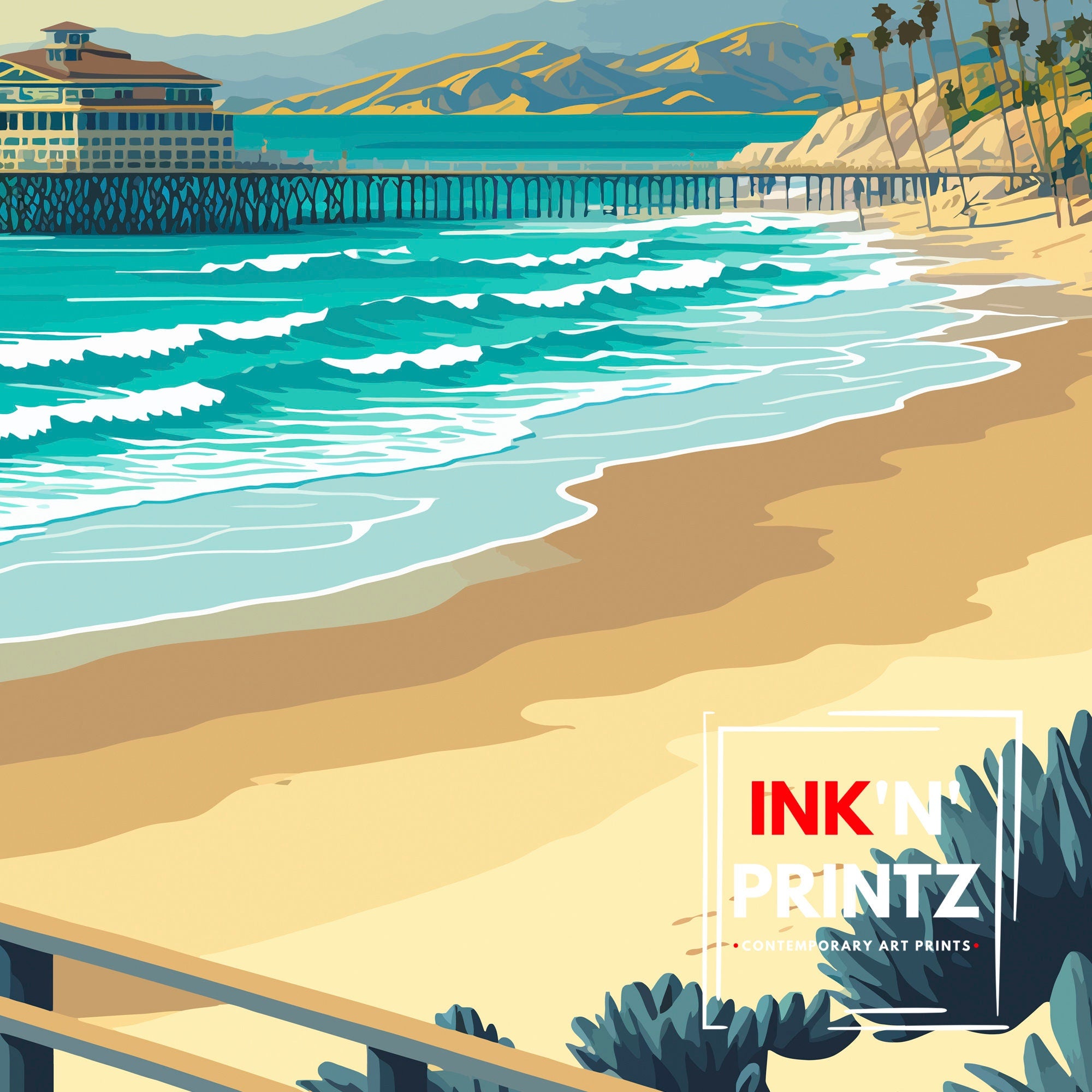 Malibu Beach Travel Print | Vintage Coastal Art