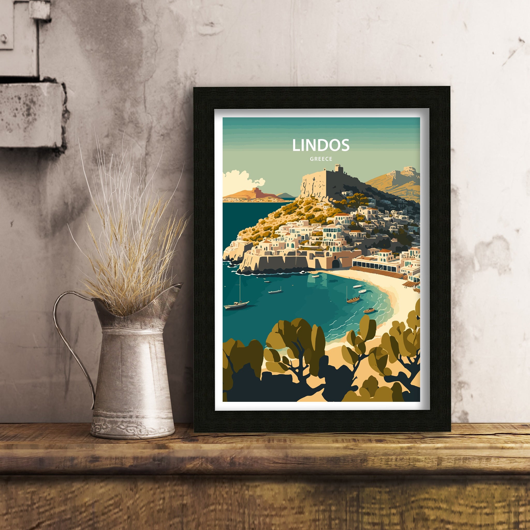 Lindos Greece Travel Poster | Rhodes Island Wall Art