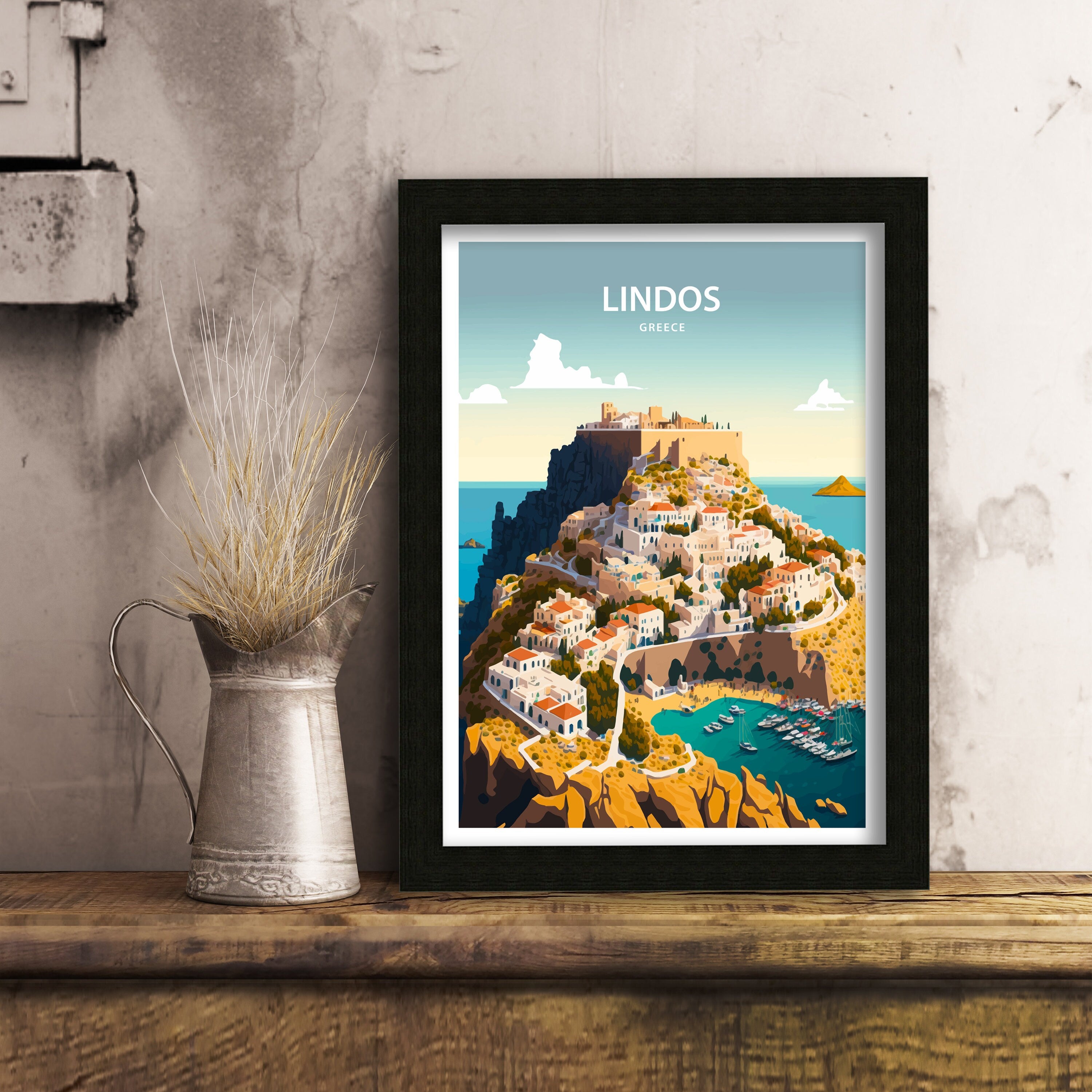 Lindos Greece Travel Poster | Rhodes Island Art Print