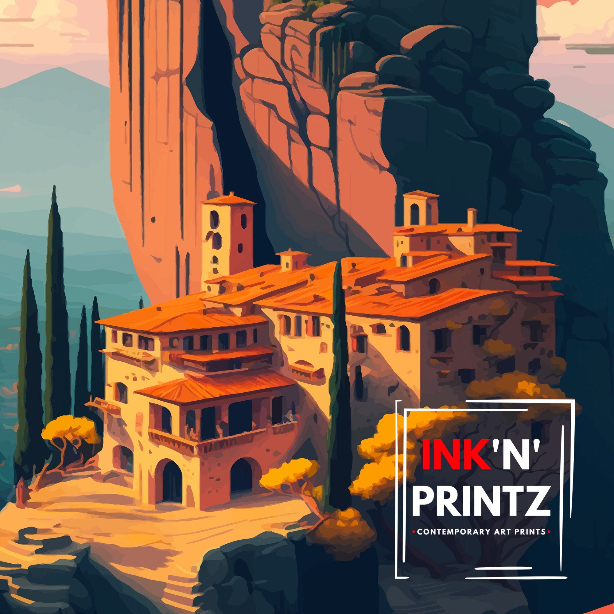 Meteora Monasteries Art Print | Greece Travel Poster