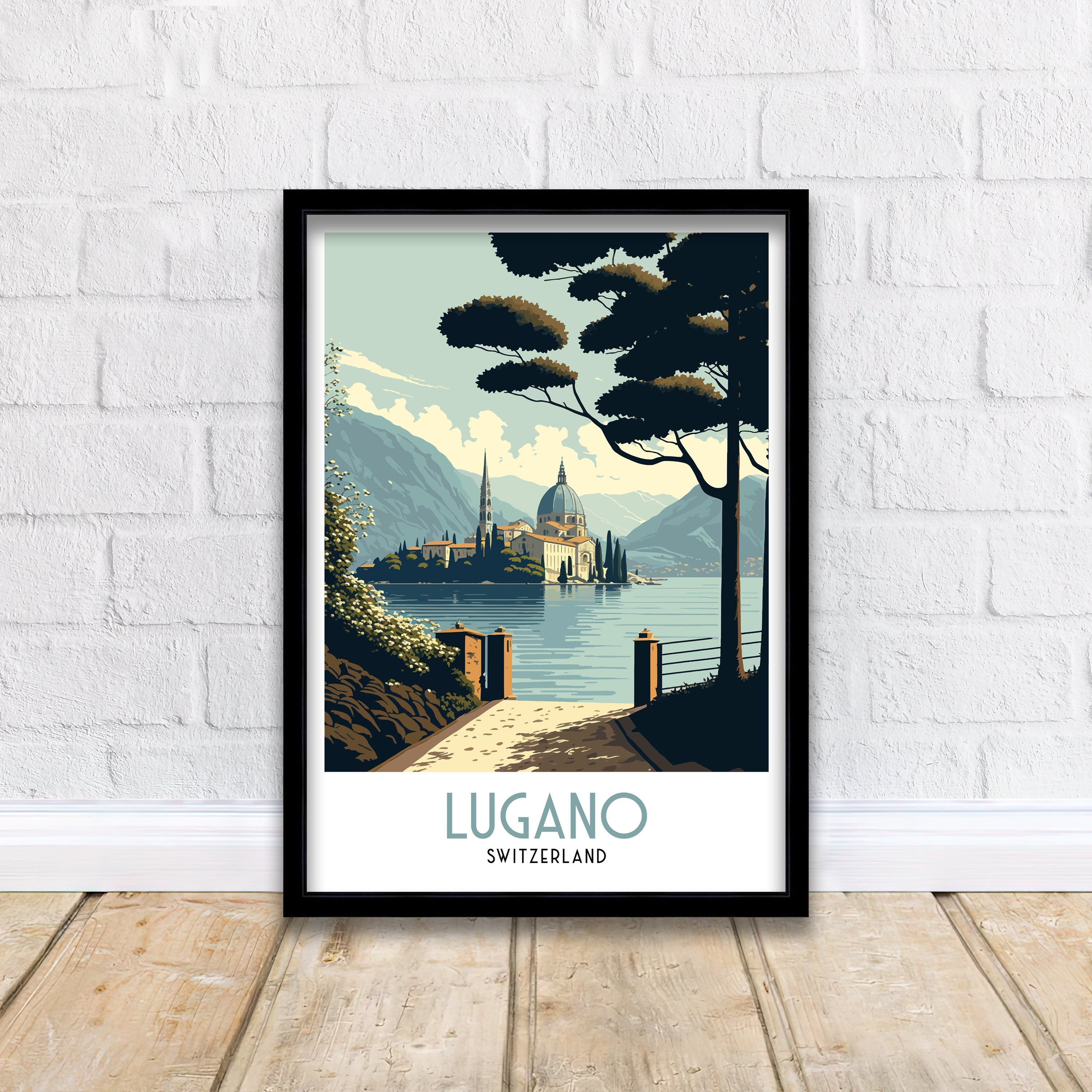 Lugano Switzerland Travel Poster | Swiss Alps Lake Art Print