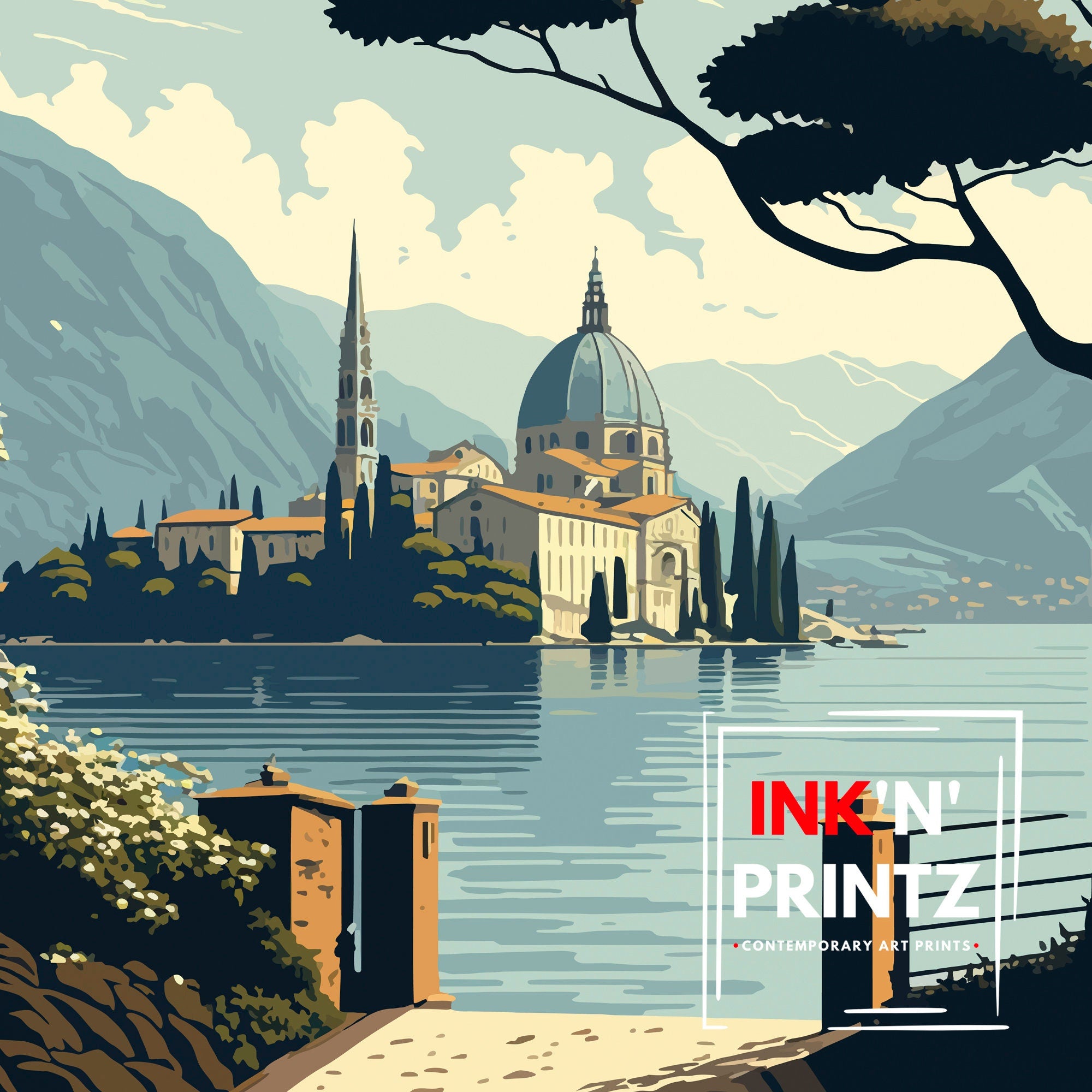 Lugano Switzerland Travel Poster | Swiss Alps Lake Art Print